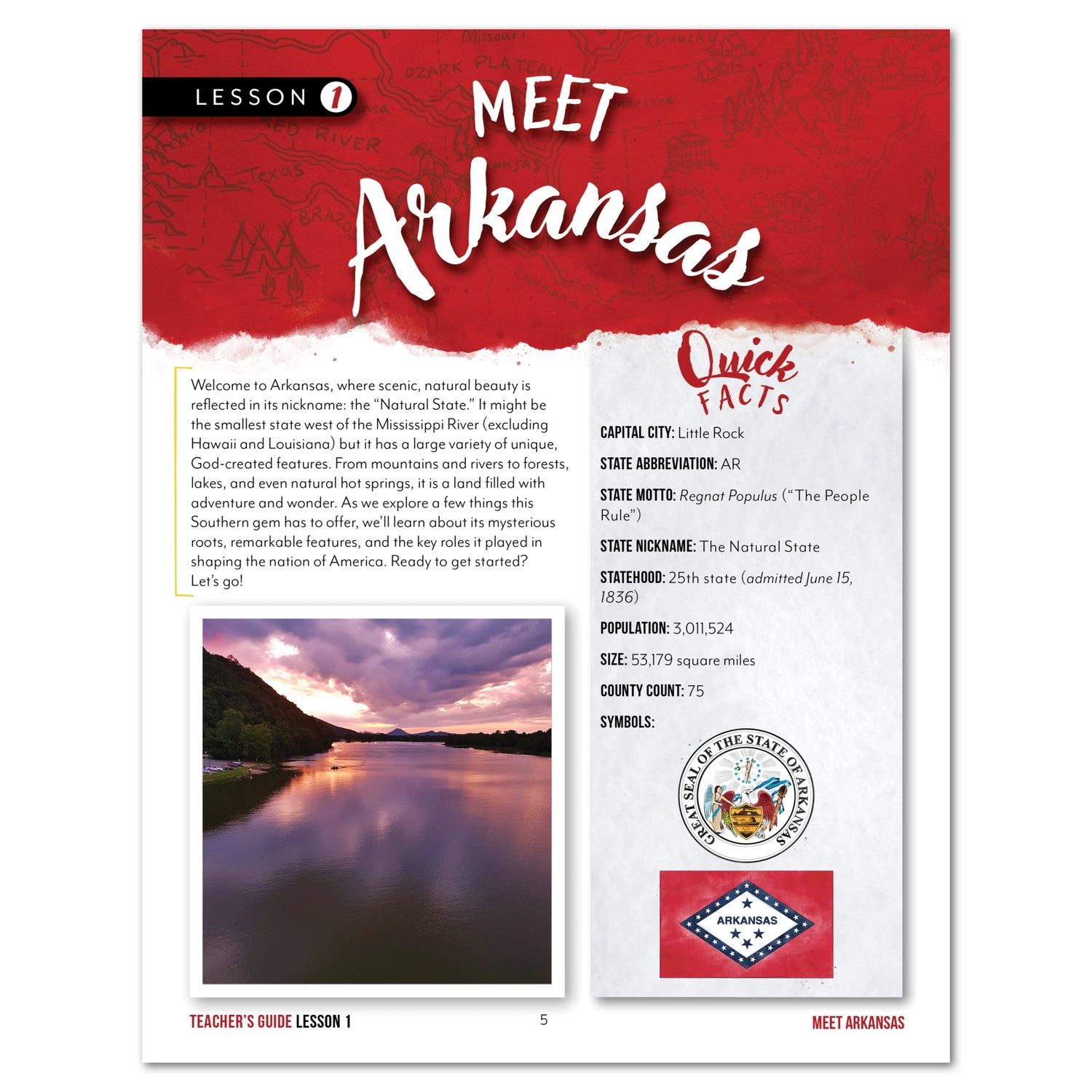 Arkansas Fifty States Homeschool Unit Study Digital Teacher's Guide Lesson 1 Part 1
