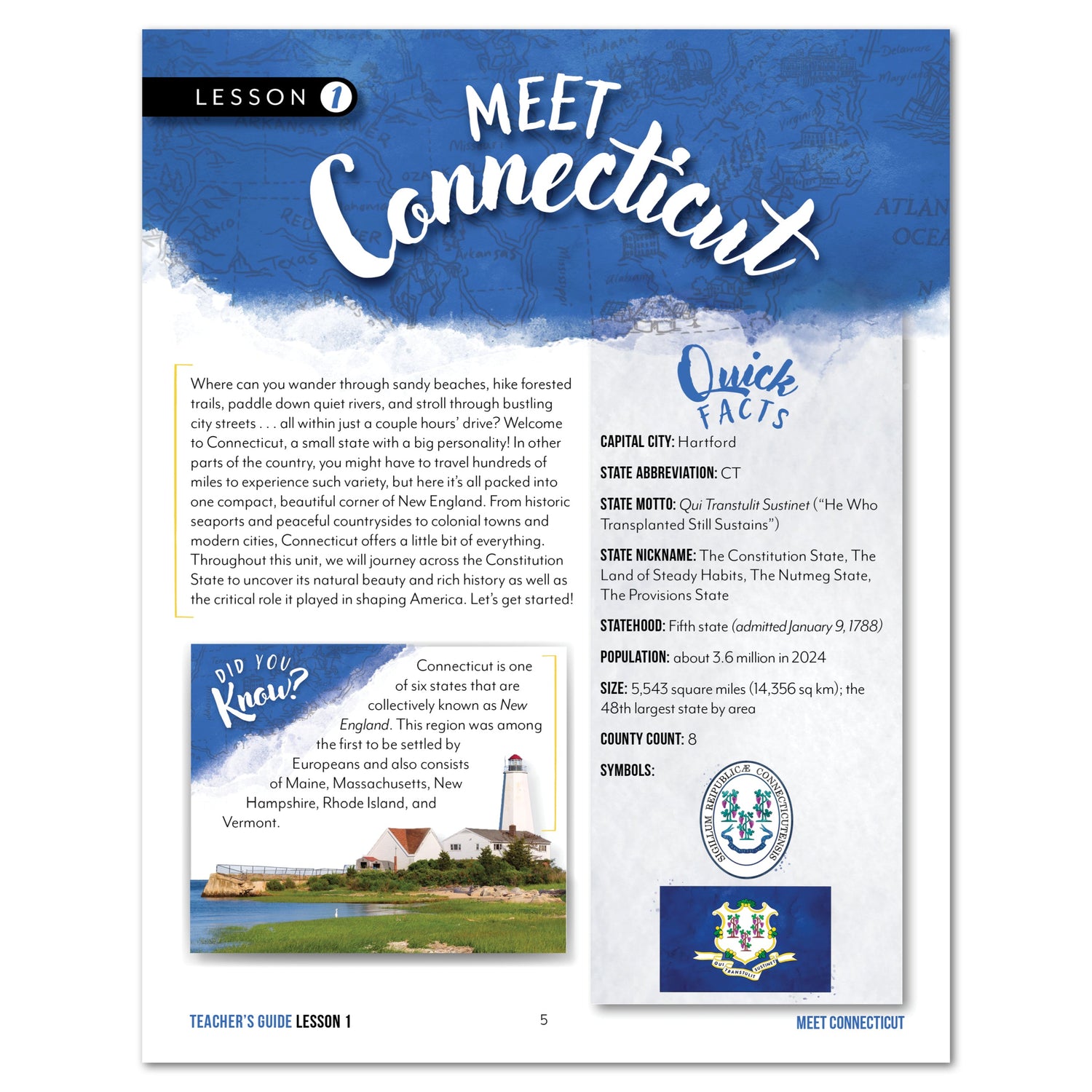 Connecticut Fifty States Homeschool Unit Study Digital Teacher's Guide Lesson 1 Part 1