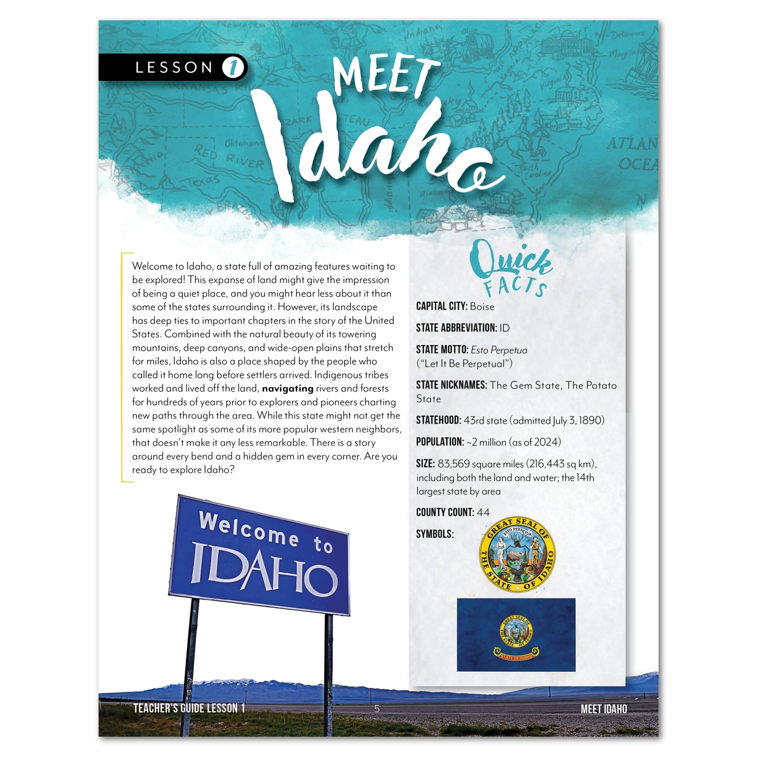 Idaho Fifty States Homeschool Unit Study Digital Teacher's Guide Lesson 1 Part 1