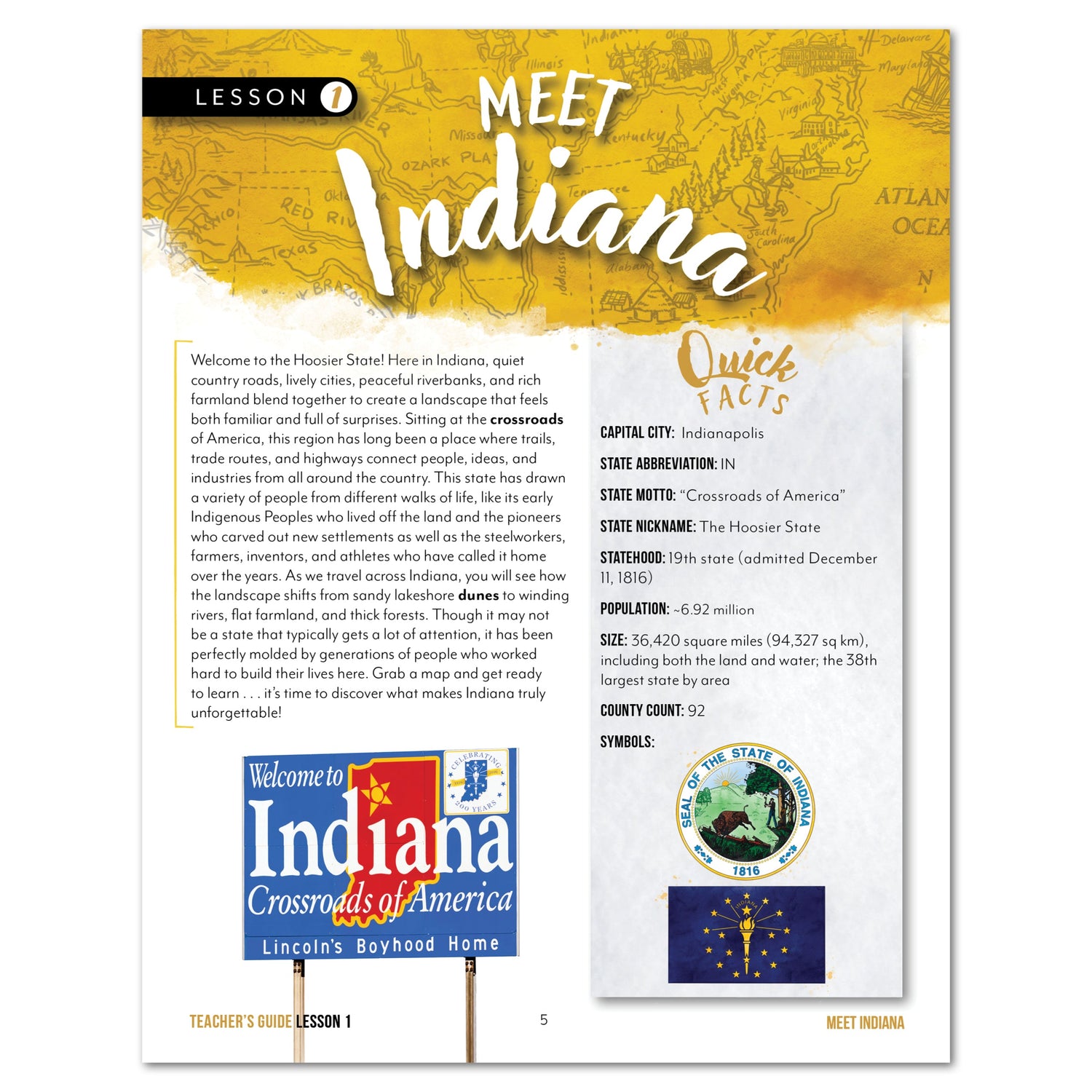 Indiana Fifty States Homeschool Unit Study Digital Teacher's Guide Lesson 1 Part 1