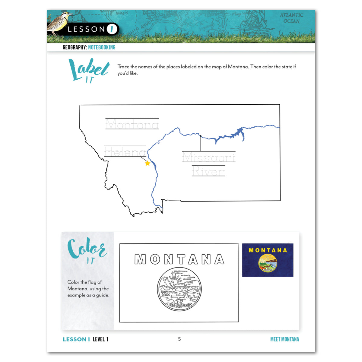 Lesson 1 Meet Montana educational worksheet featuring a map of Montana, blank place labels, a coloring area, and a printed Montana flag and state seal.