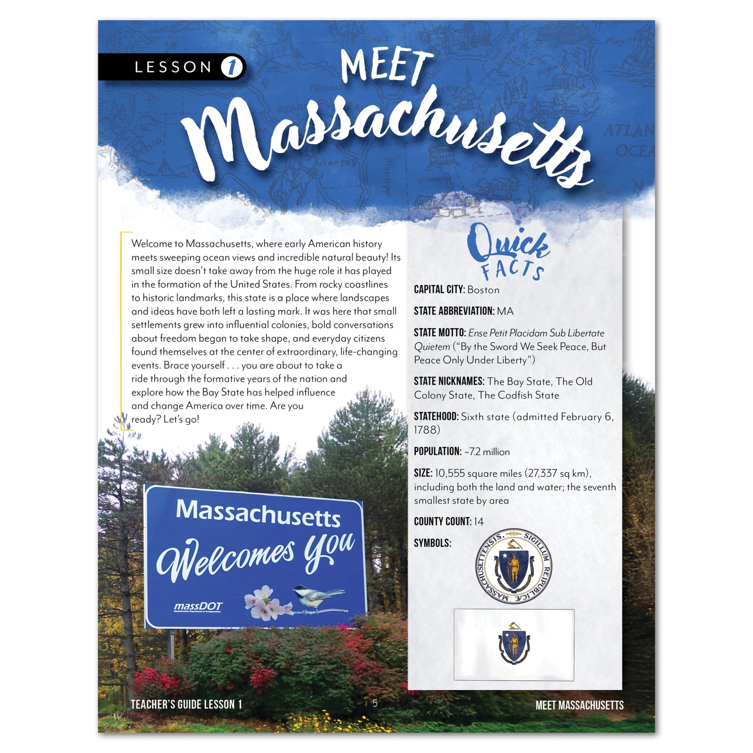 Lesson page with information about Massachusetts, including text and a logo, on a white background.