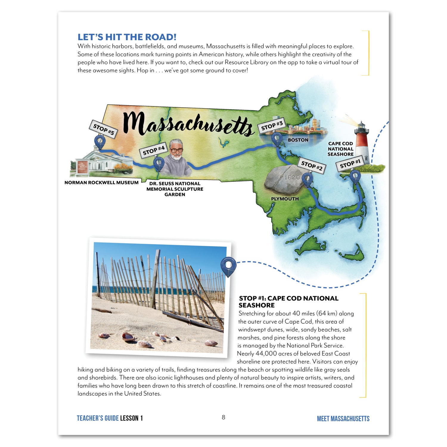 Lesson page with map of Massachusetts with travel stops and scenic views.