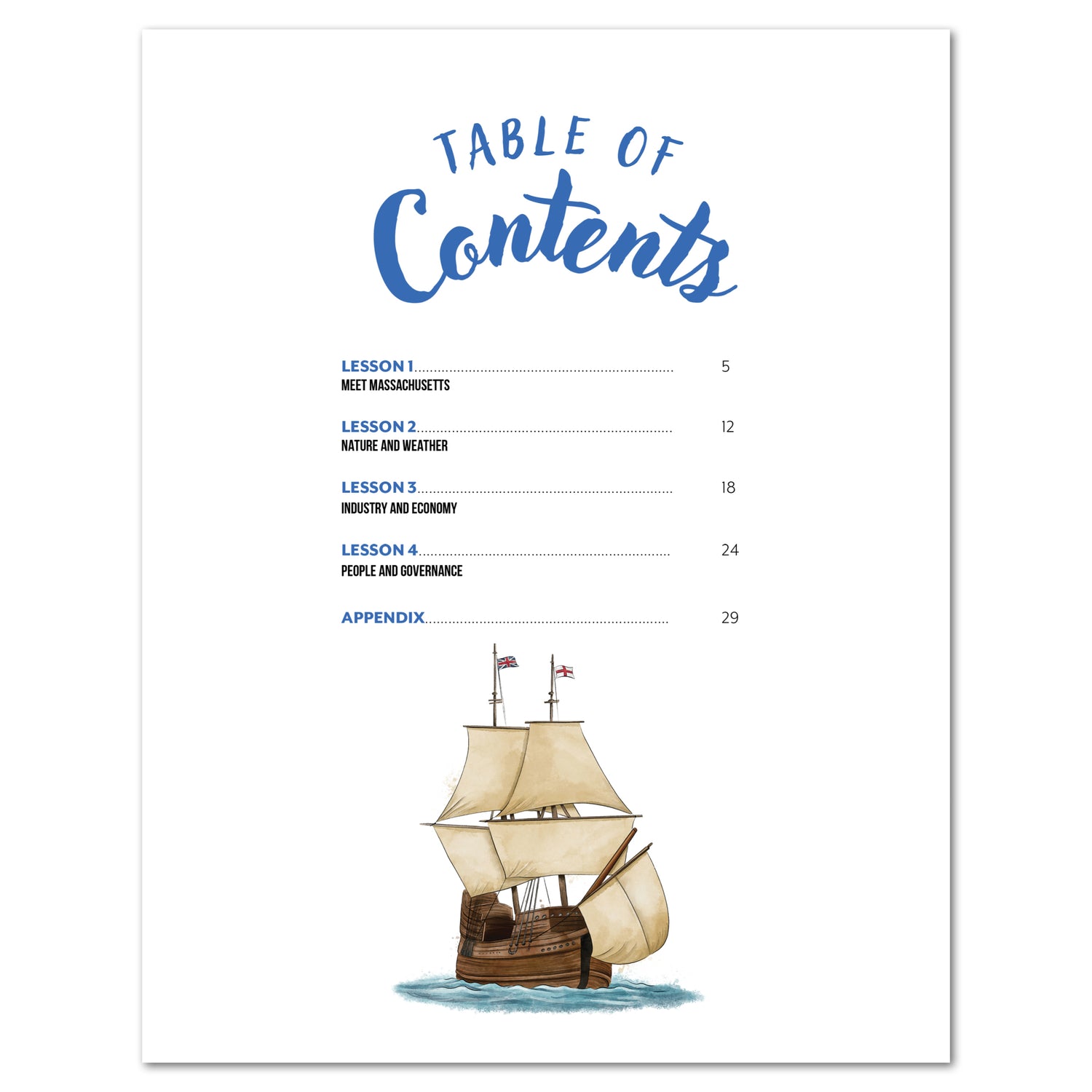 Table of contents page listing lesson topics with illustration of a boat