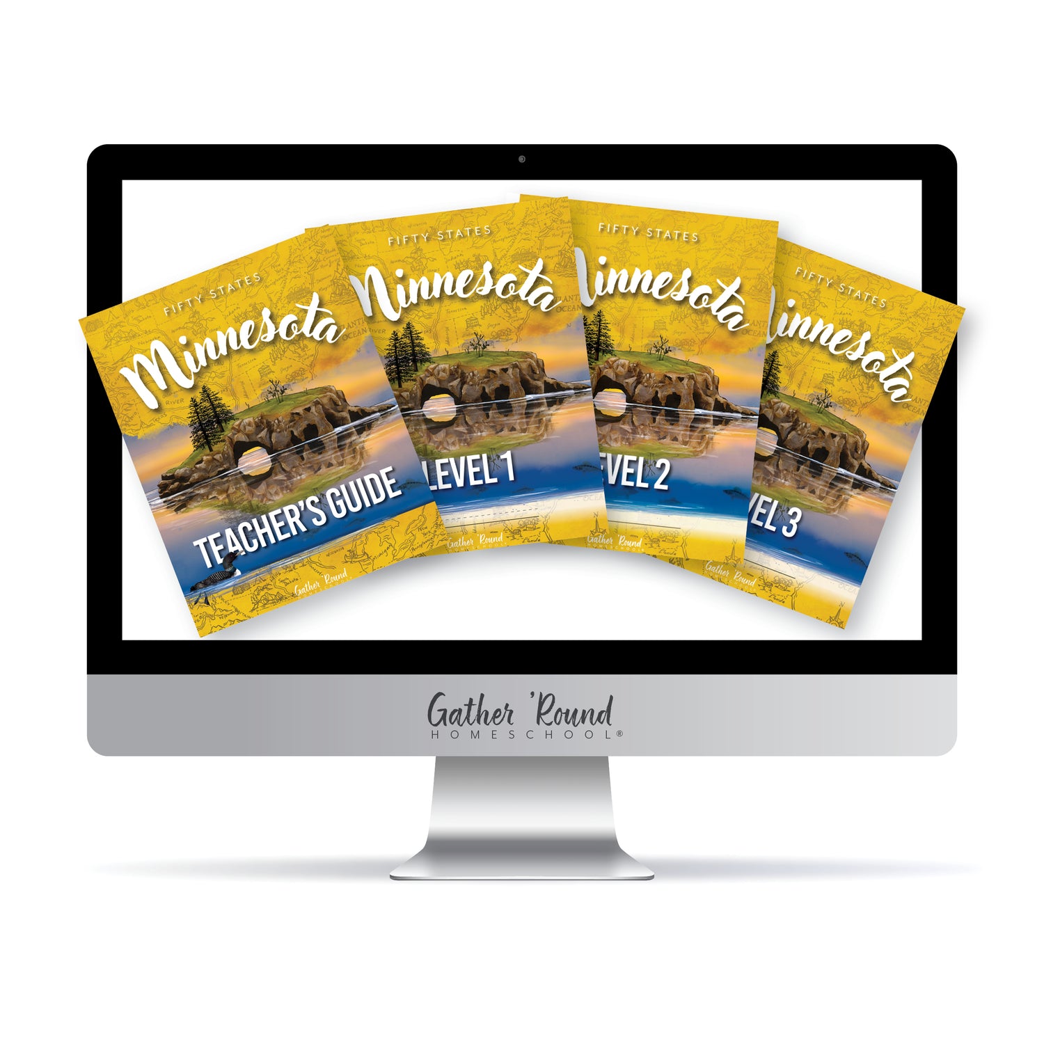 Computer screen displaying Minnesota-themed educational books with 'Gather Round Homeschool' branding.
