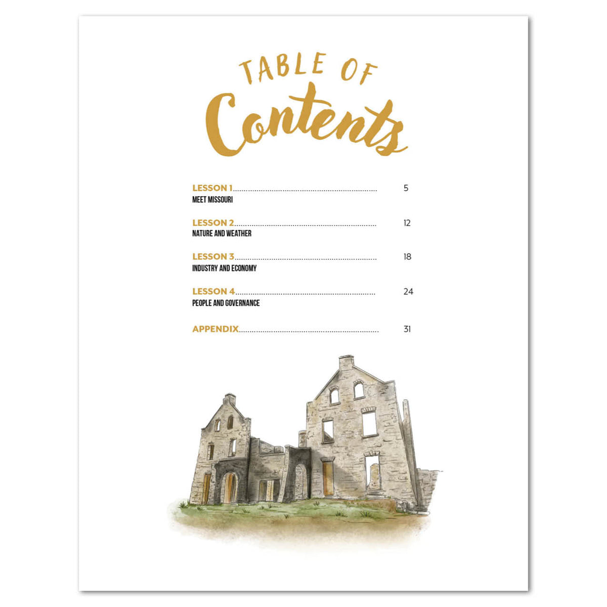 Teacher's Guide Table of Contents listing the titles of 4 lessons and an illustration of castle ruins.