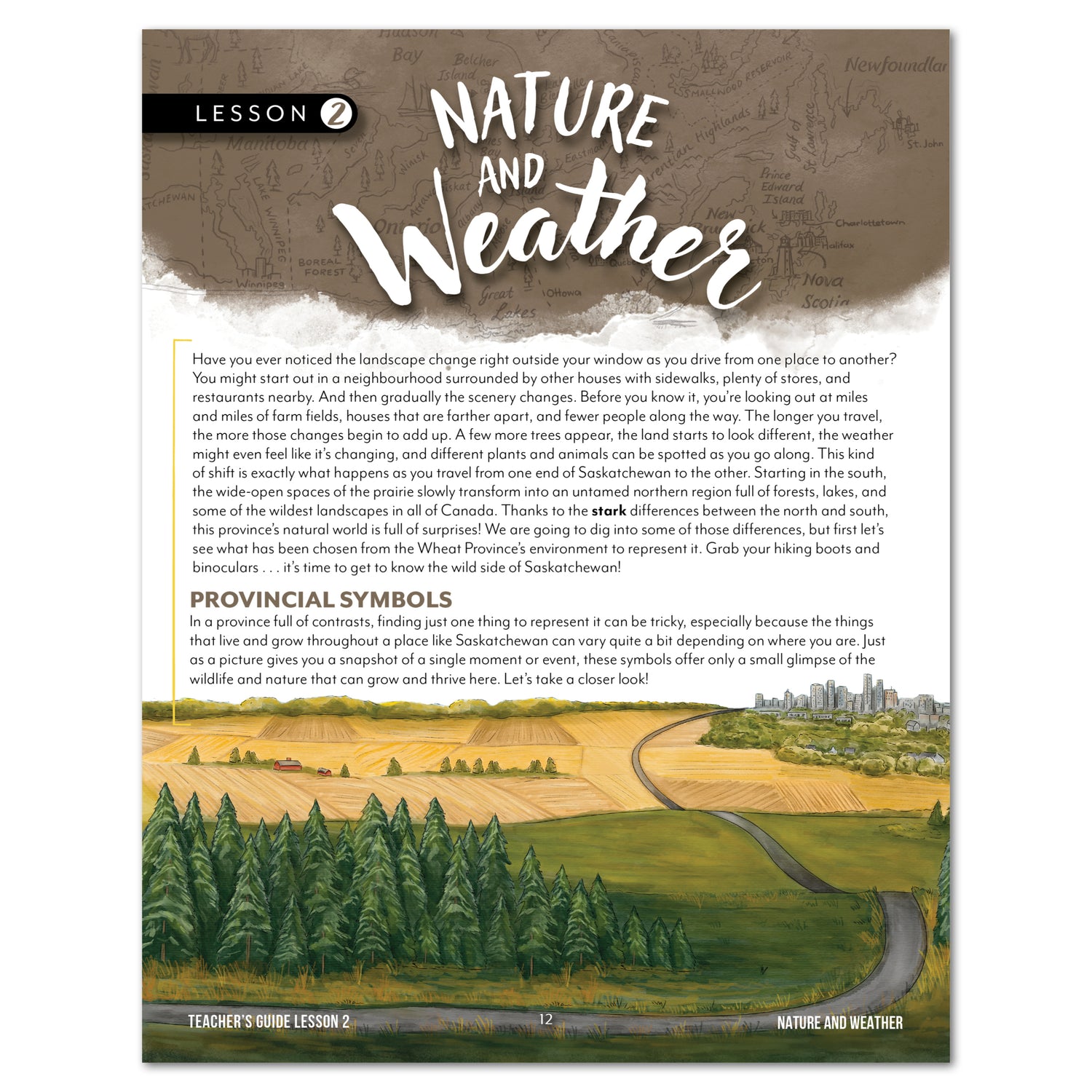 A printed lesson sheet titled 'Nature and Weather' with text blocks, a map, and a landscape illustration showing a winding road.