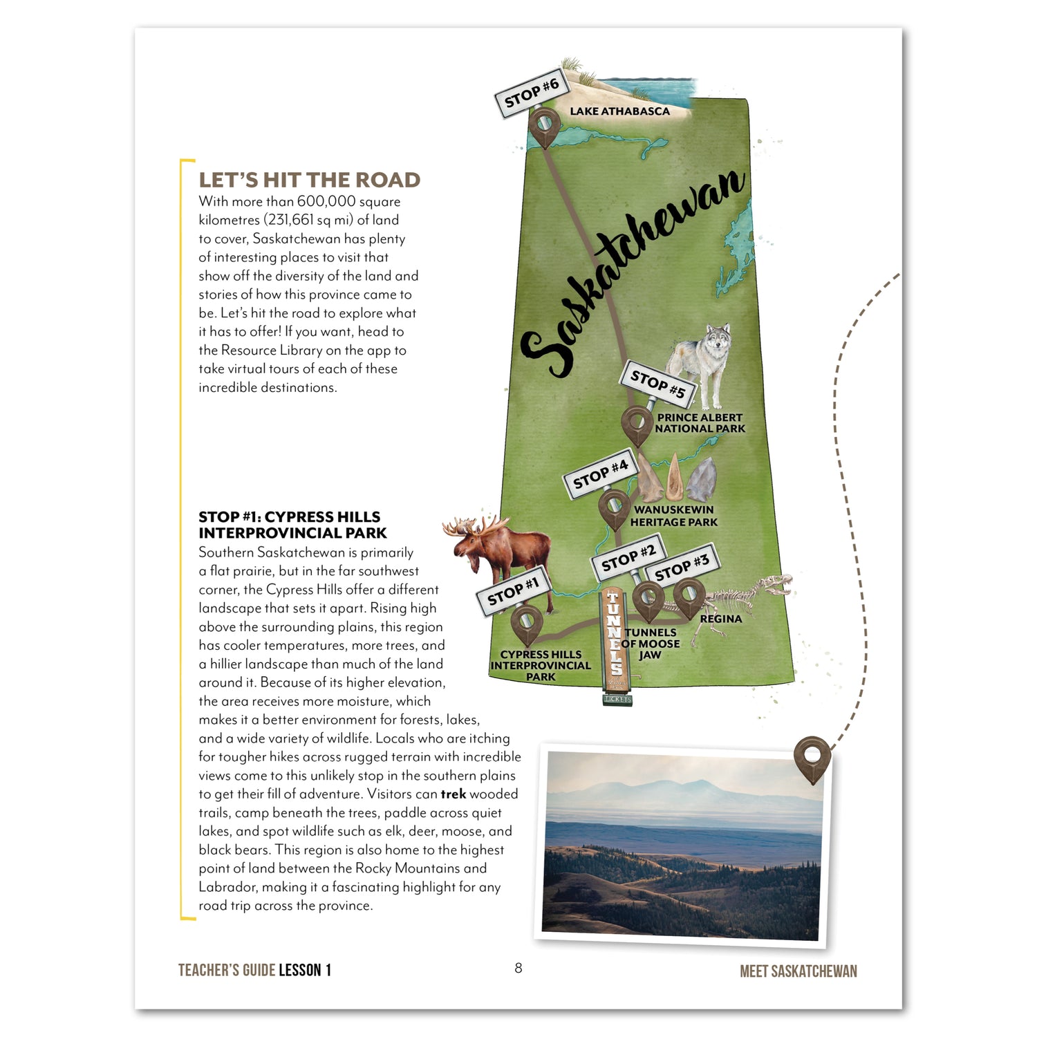 Teacher's guide page for a Saskatchewan lesson, featuring a stylized map outline of the province with labeled cities and parks, accompanied by text blocks and small illustrations of local animals.