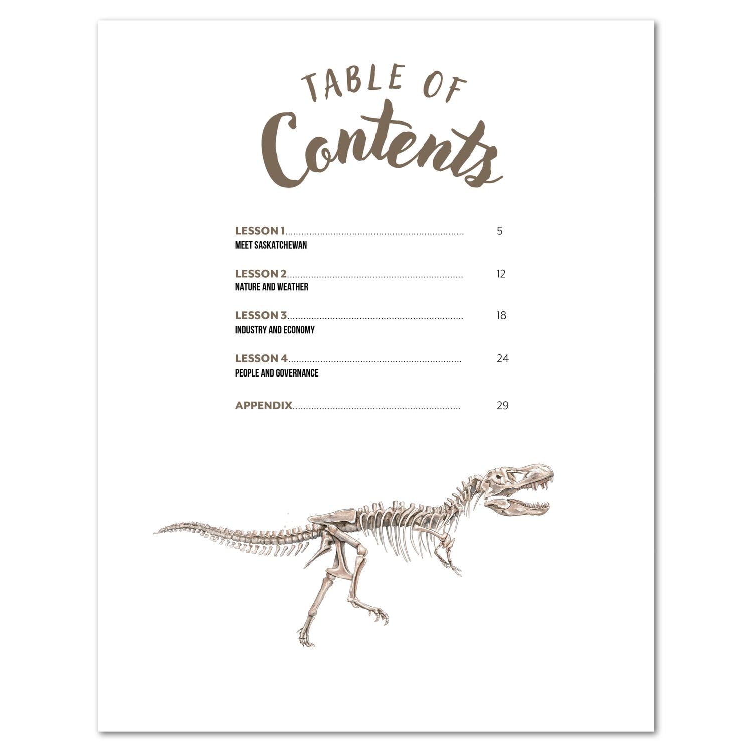 A table of contents page with a dinosaur skeleton illustration at the bottom, printed on a white background.