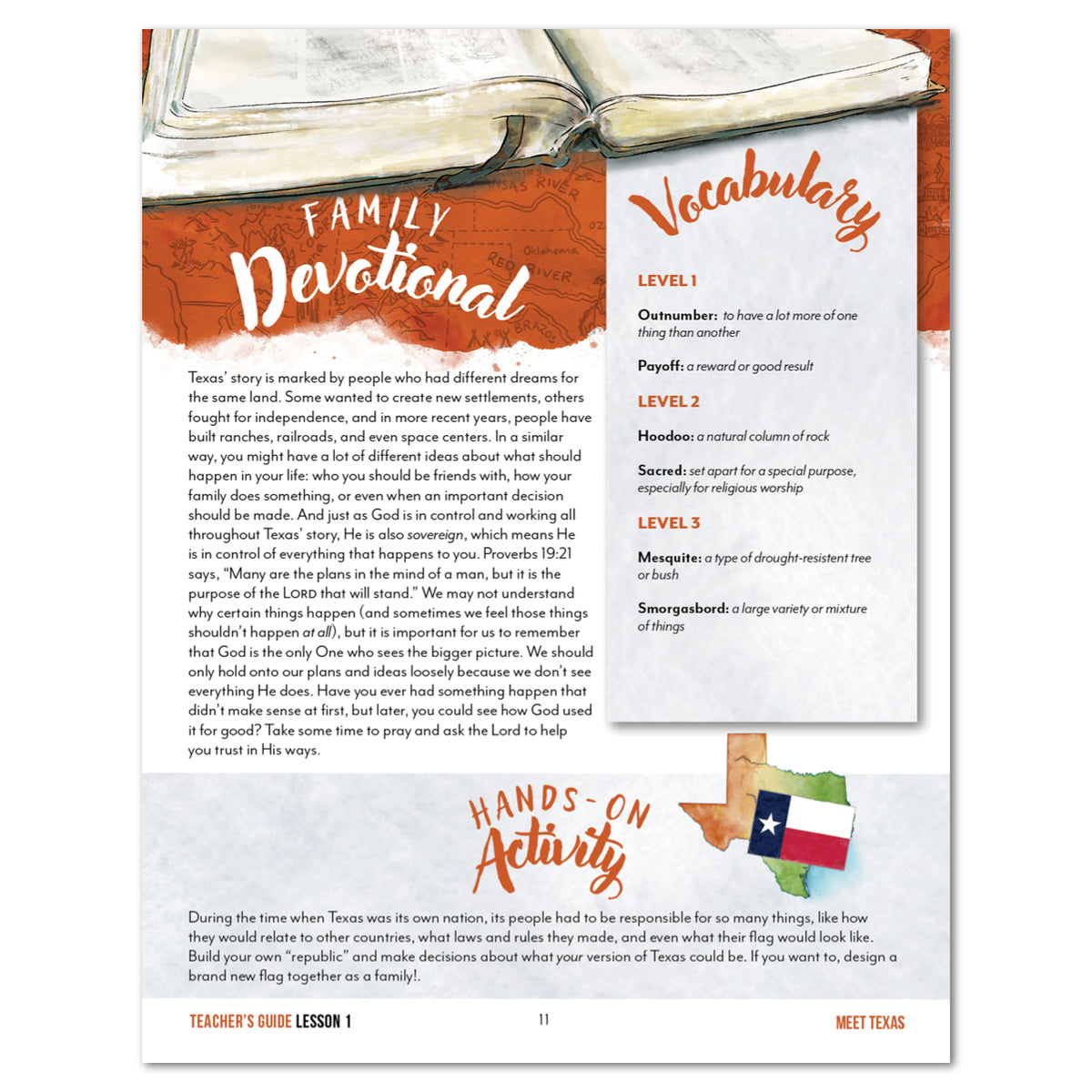 Educational page with orange and brown decorative graphics, a large title reading 'Family Devotional,' a short text excerpt, a 'Vocabulary' section, and a 'Hands on Activity' panel with a small illustration of Texas and state flag.
