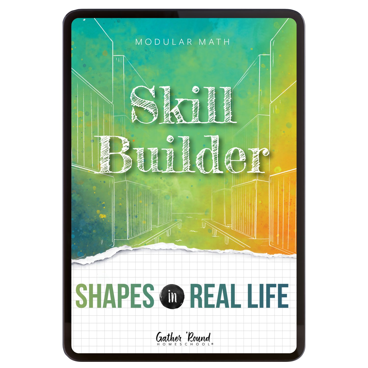Digital book cover of 'Skill Builder: Shapes in Real Life' with geometric design and text on a colorful background.