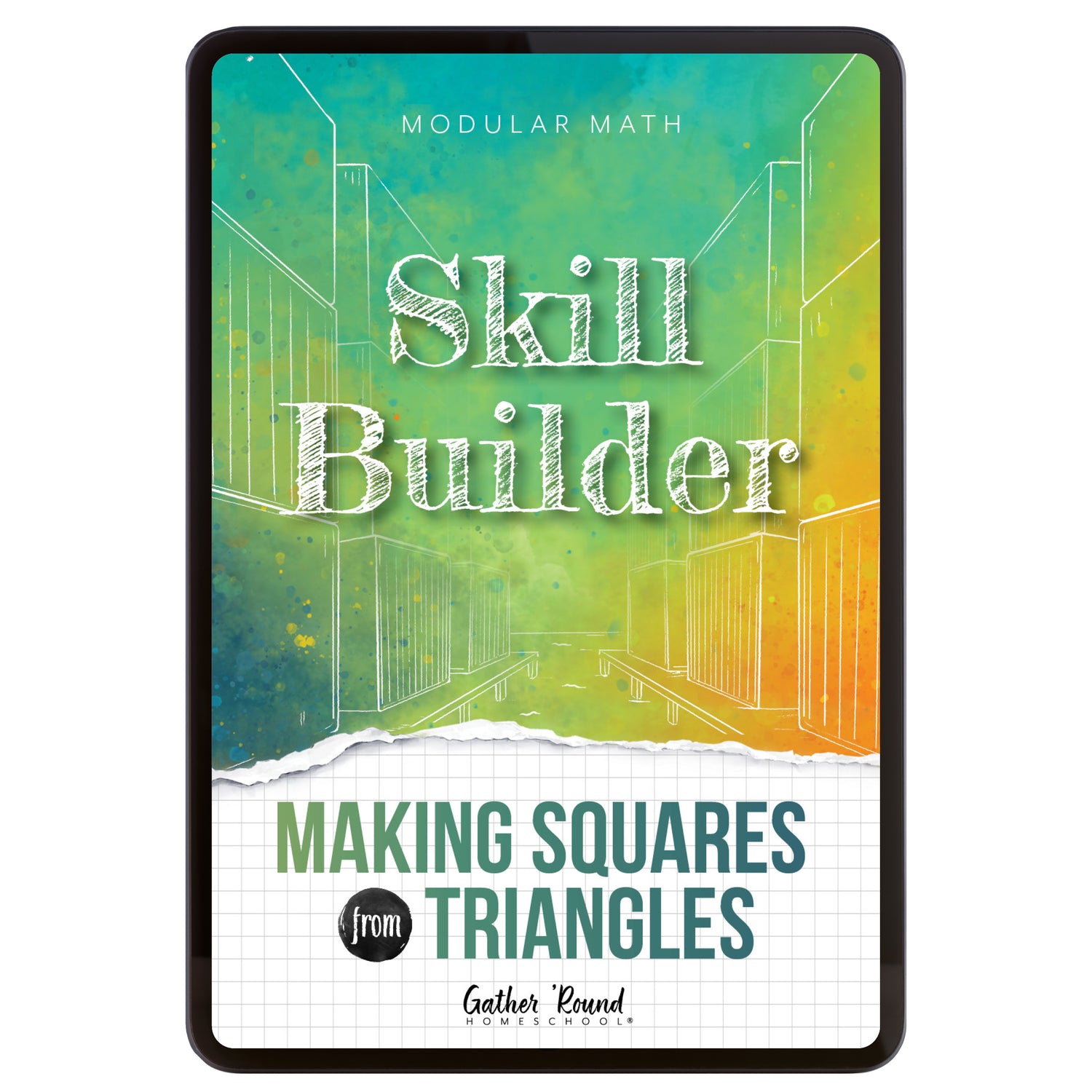 Digital book cover of 'Skill Builder: Making Squares from Triangles' with geometric design and text on a colorful background.