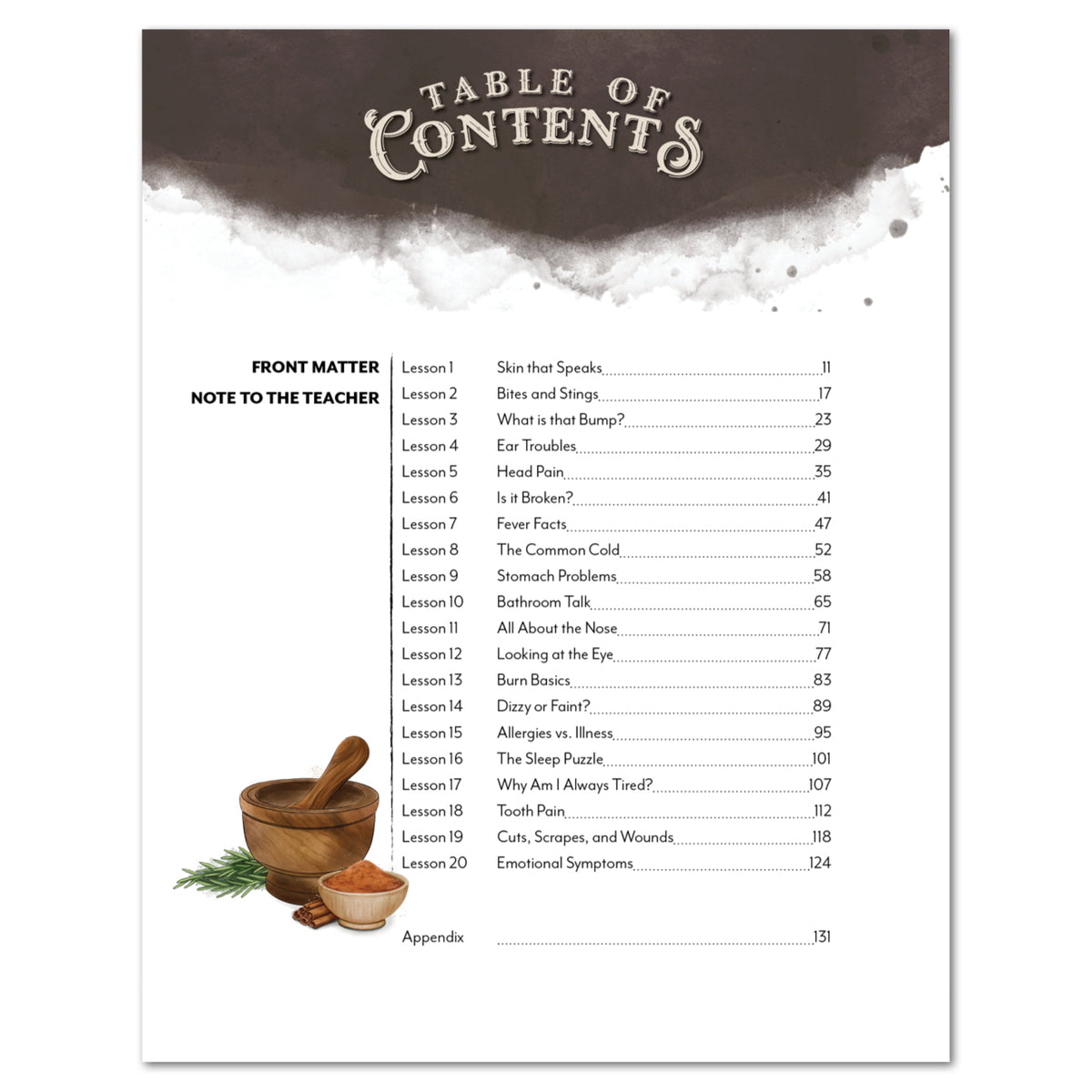 Table of contents page with a rustic watercolor design. The top features a dark brown header with white decorative text reading 'TABLE OF CONTENTS' against a white watercolor wash background.
