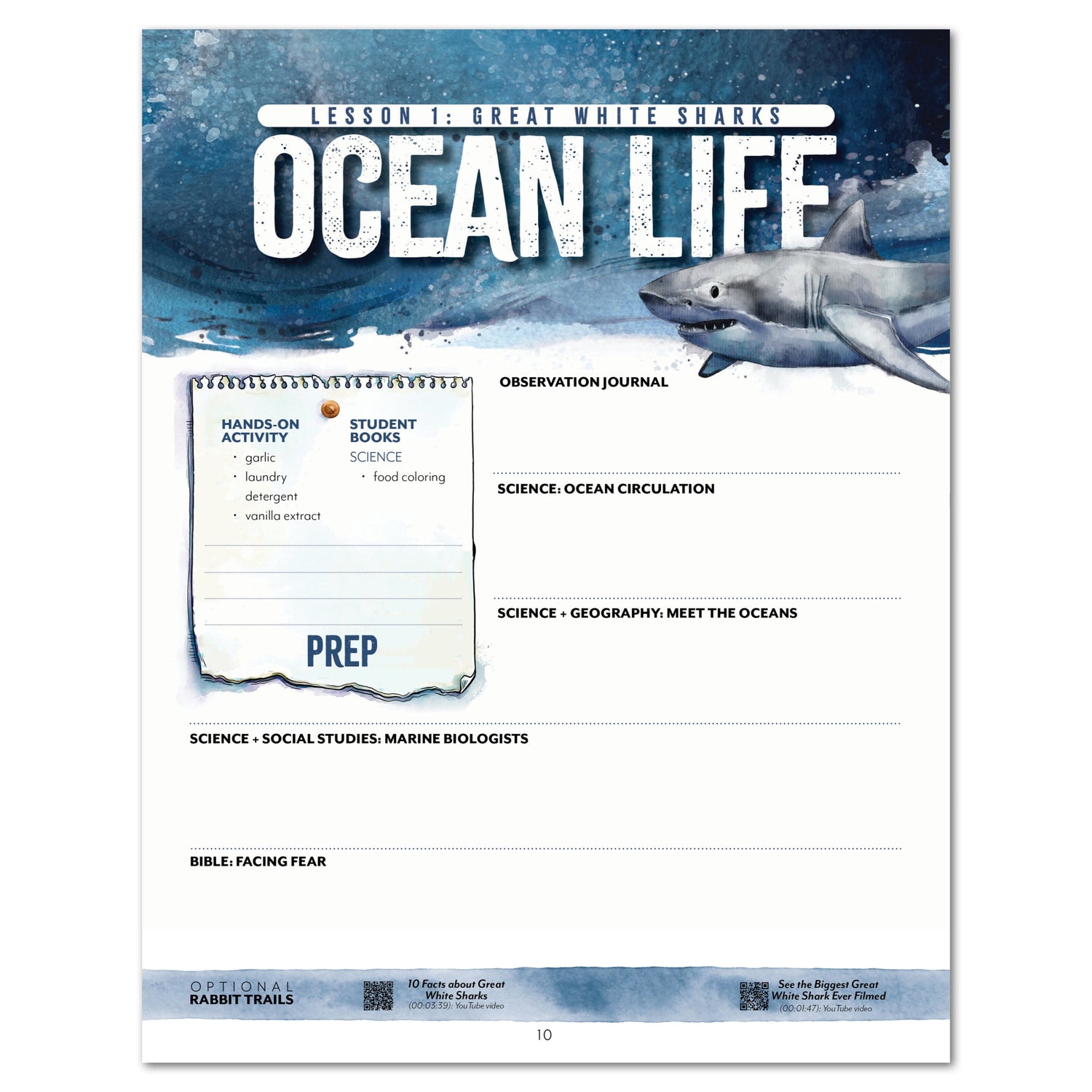 Ocean Life homeschool unit study digital unit planner lesson one planner page for great white sharks