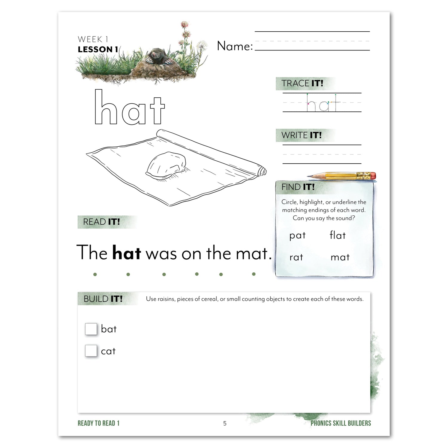 Ready to Read 1 Burrows and Holes Homeschool Unit Study Digital Phonics Skill Builders Week 1 Lesson 1 HAT