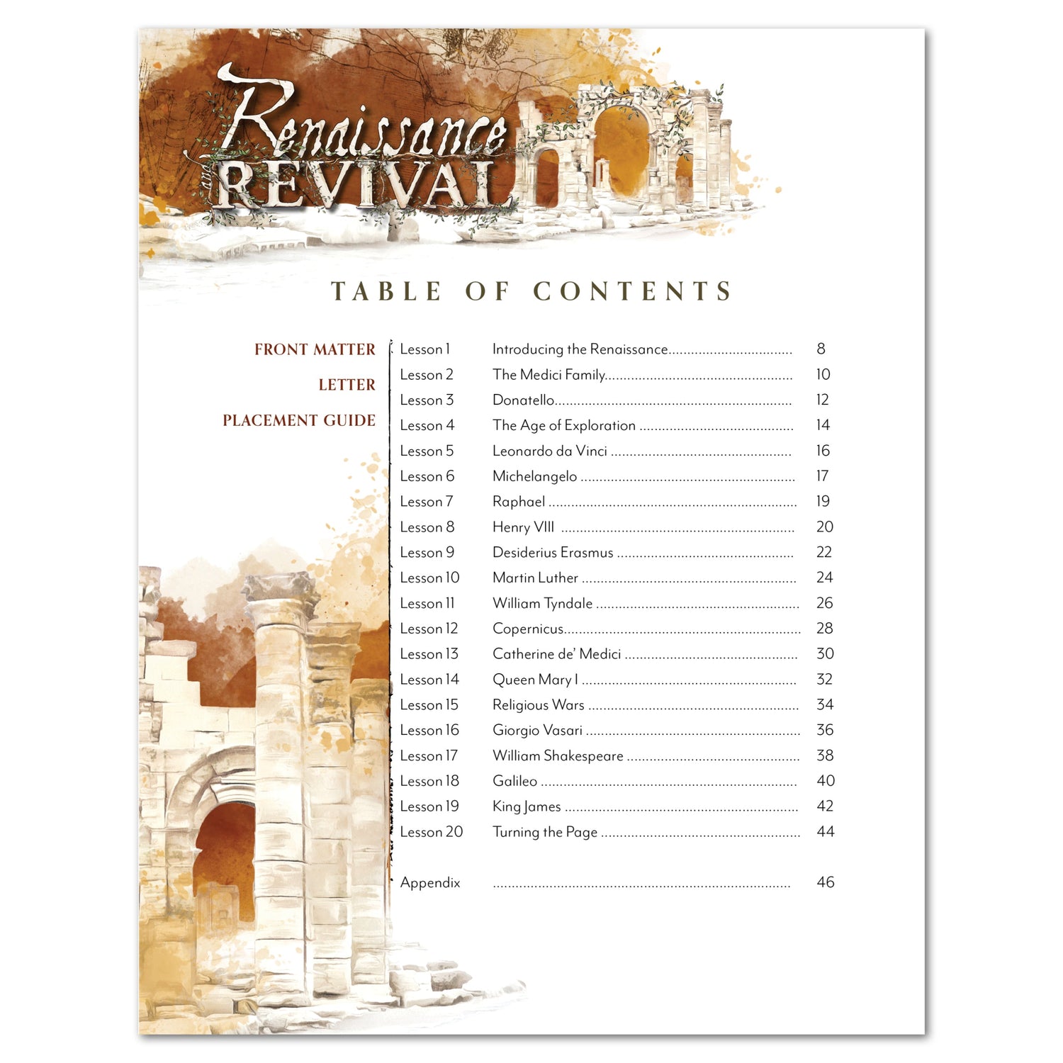 Renaissance and Revival Homeschool Unit Study Digital Bundle Lapbook Instructions Table of Contents