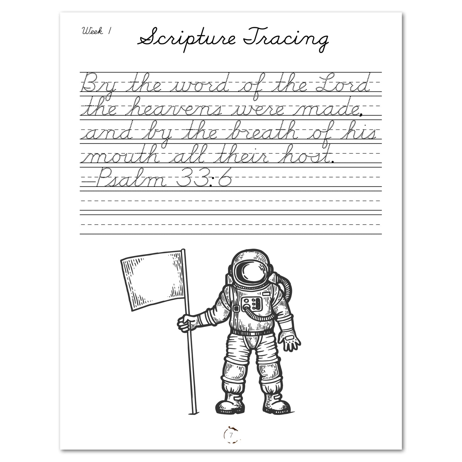 Space homeschool unit study digital student workbook, Cursive workbook scripture tracing worksheet