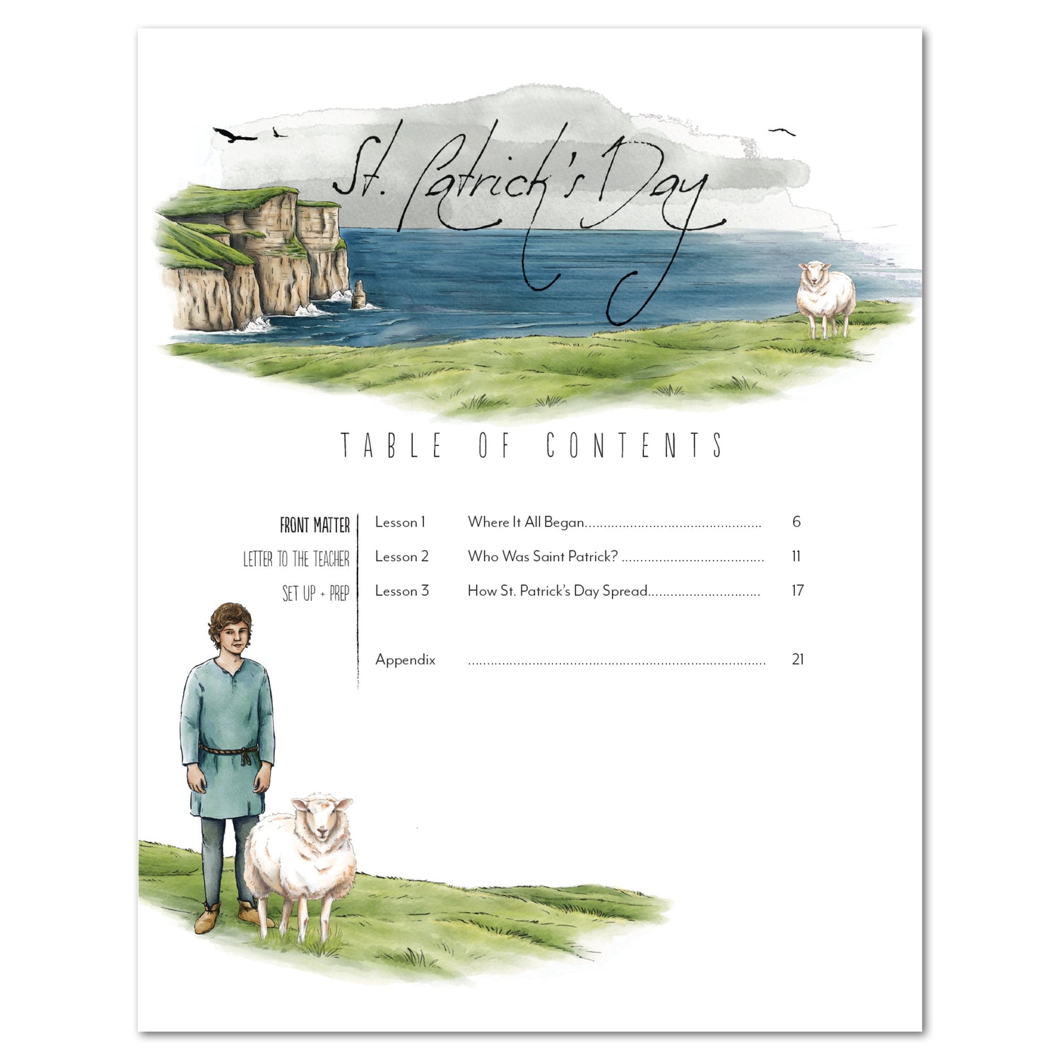 St. Patrick's Day homeschool unit study, digital lapbook with Teacher's Guide table of contents