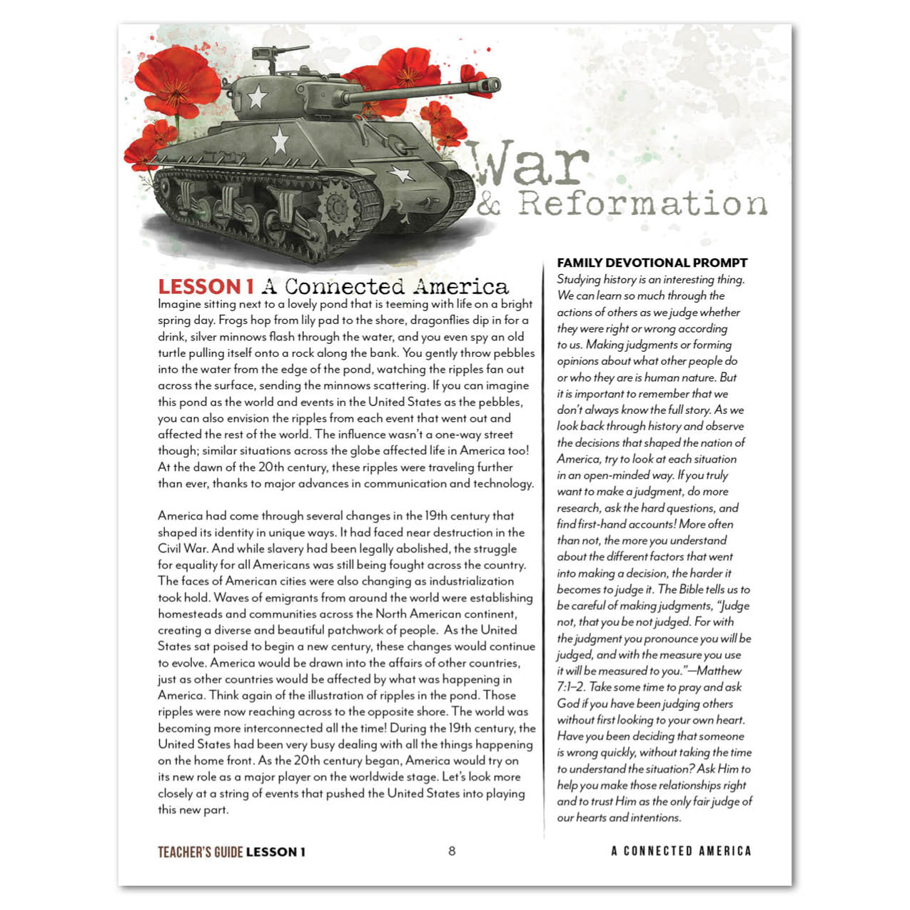 A printed educational sheet titled 'War and Reformation' with text sections, a small historical illustration of a tank and poppies and a family devotional prompt on a white page.