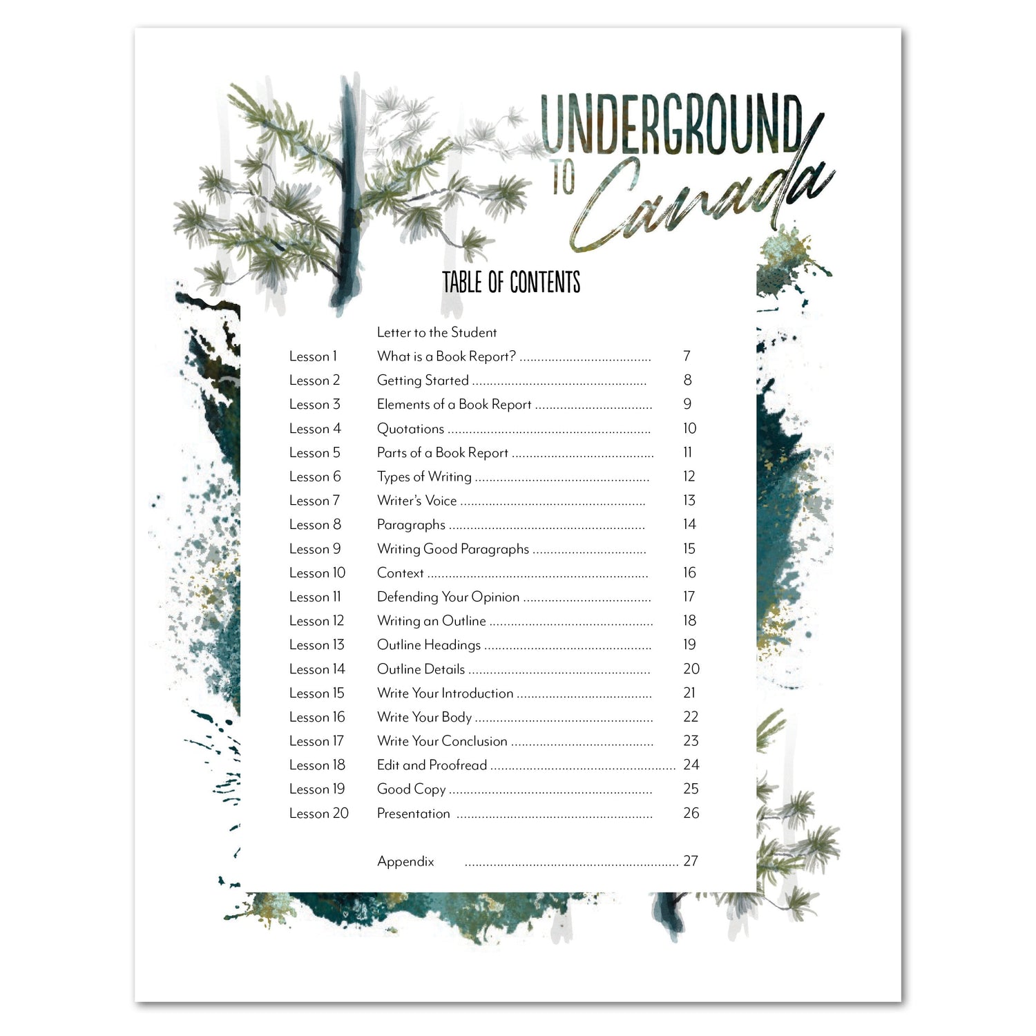 Underground to Canda Homeschool Study Unit Writing Track Novel Study Digital Table of Contents