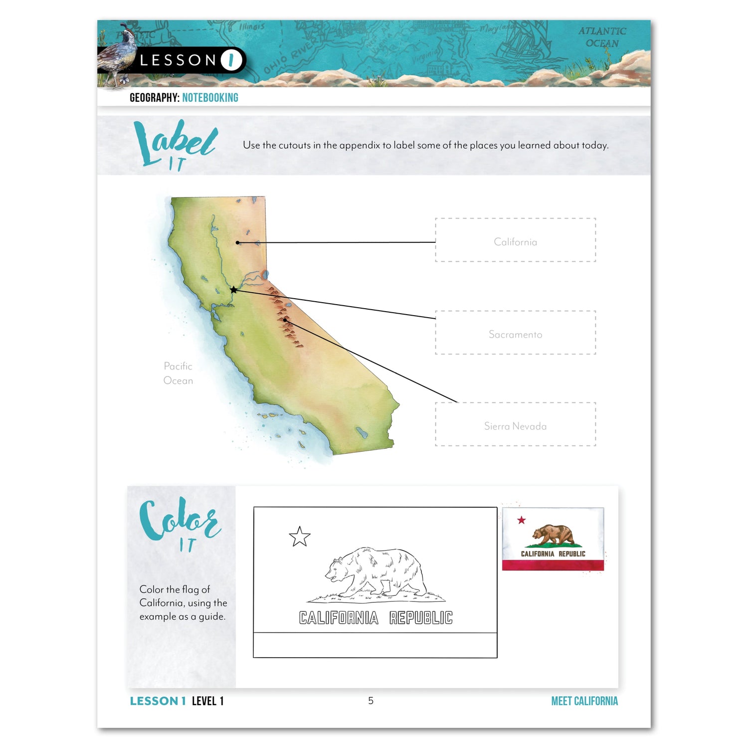 California Fifty States Homeschool Unit Study Digital Student Book Level 1 Lesson 1 Page
