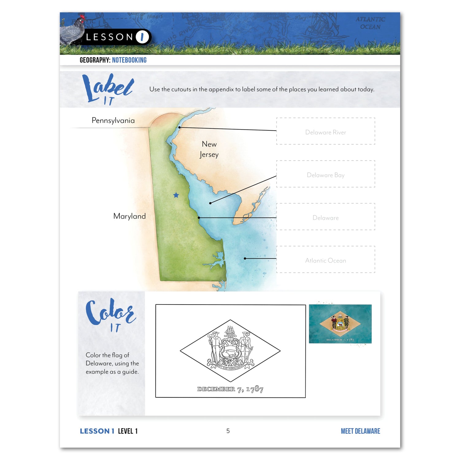 Delaware Fifty States Homeschool Unit Study Digital Student Book Level 1 Lesson 1 Page