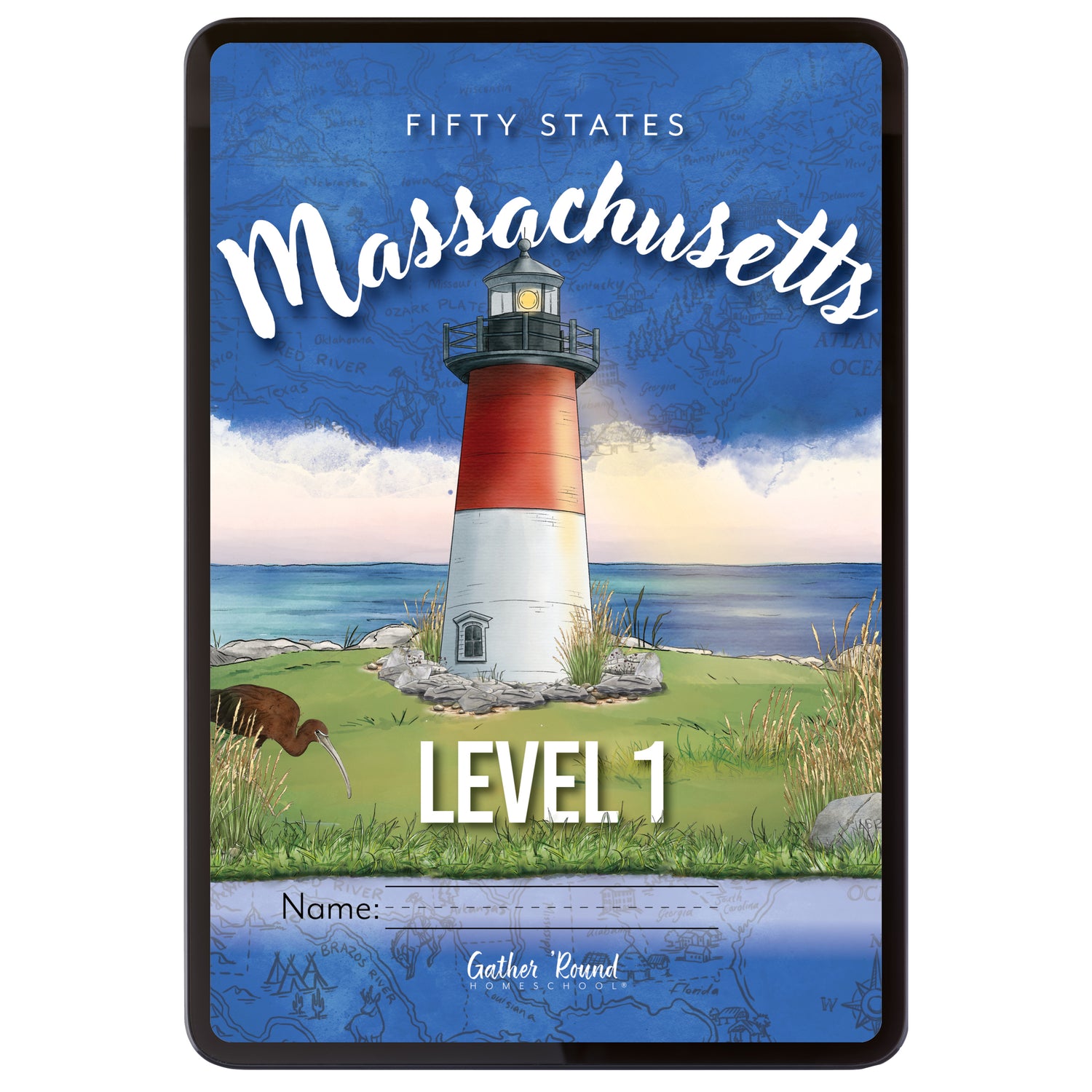 Digital book cover of 'Fifty States: Massachusetts' Level 1 with a lighthouse illustration on a blue background.