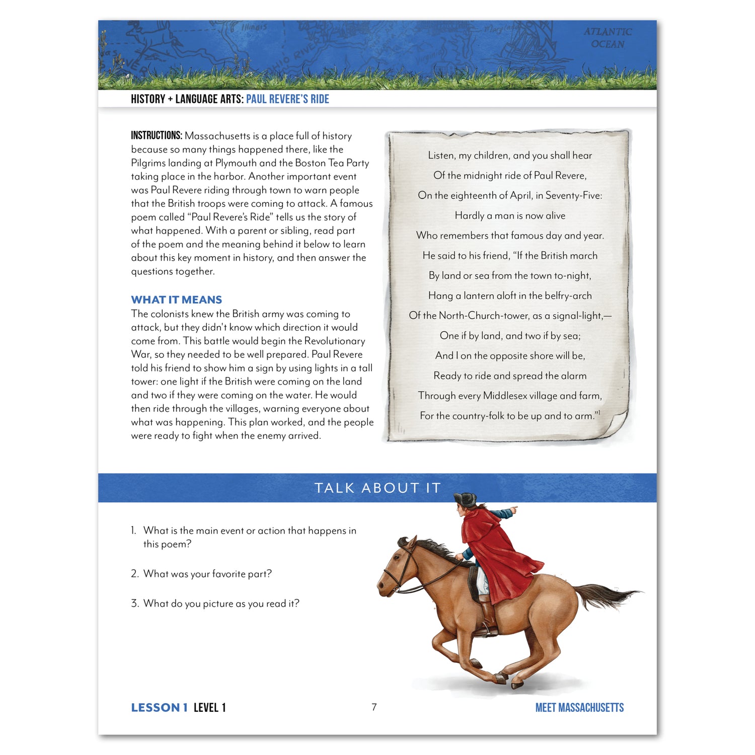 Educational page about Paul Revere's Ride with text and illustration of a person on horseback.