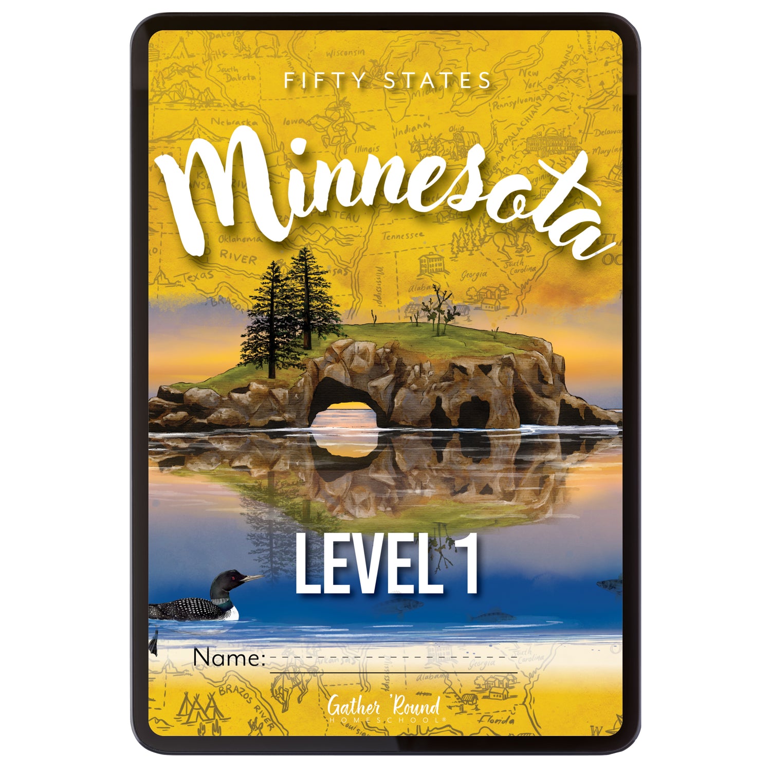 Digital book cover of 'Fifty States Minnesota Level 1' with a scenic illustration of a lake and trees.