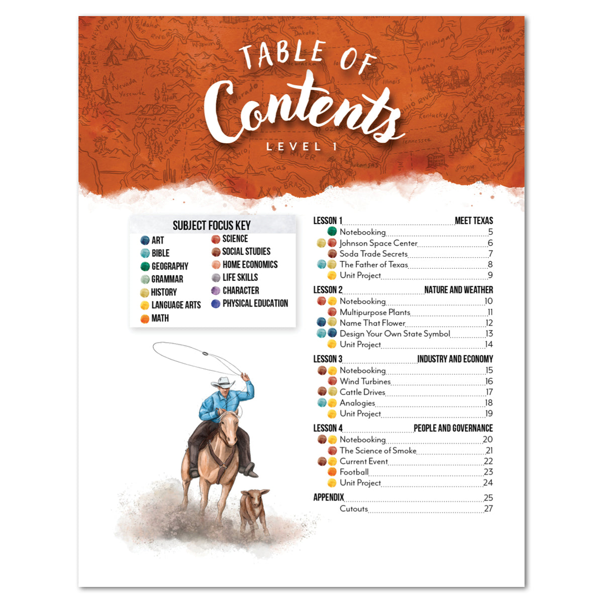 Table of Contents page from Texas unit. The top section features an orange header with the title 'TABLE OF CONTENTS LEVEL' and a list of lesson titles with topics and subjects that will be covered.