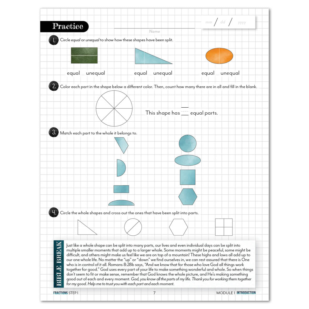 Fractions worksheet on equal vs. unequal