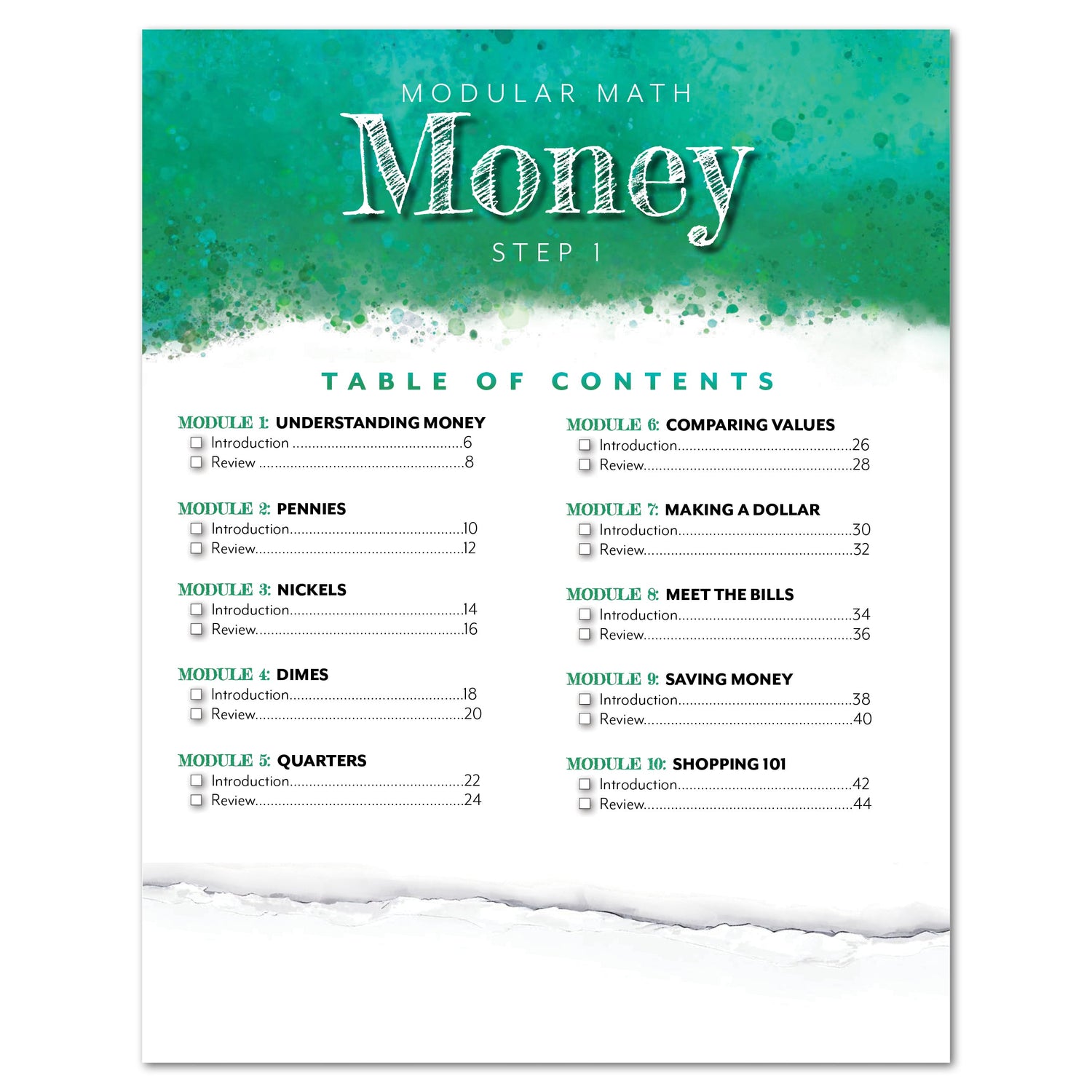 Money Modular Math step 1 printed book table of contents