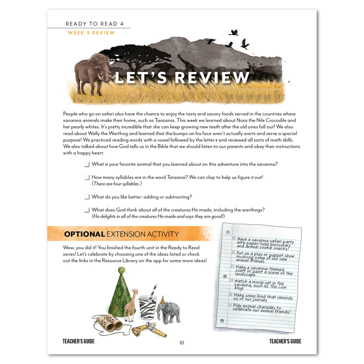 An educational worksheet page titled 'LET'S REVIEW' for Ready to Read Level 4, showing text, questions, and extension activities.