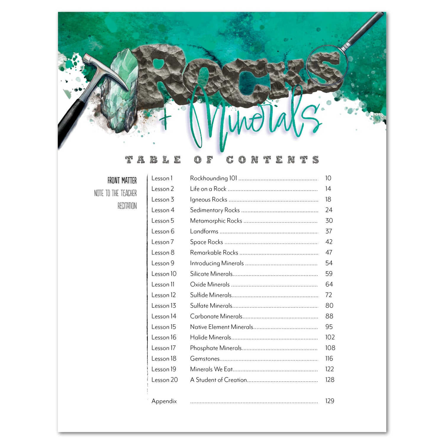 Rocks + Minerals homeschool unit study digital Teacher's Guide table of contents