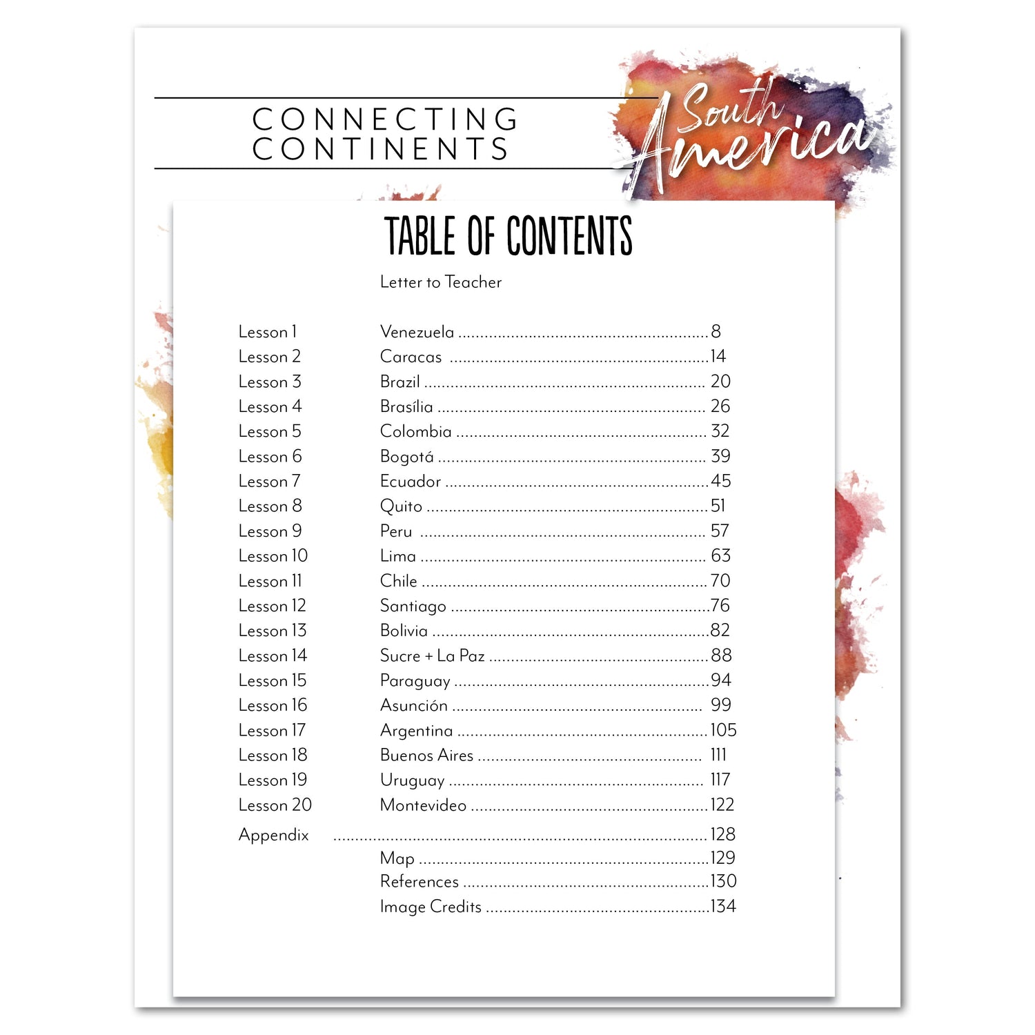 South America homeschool unit study digital teacher guide table of contents