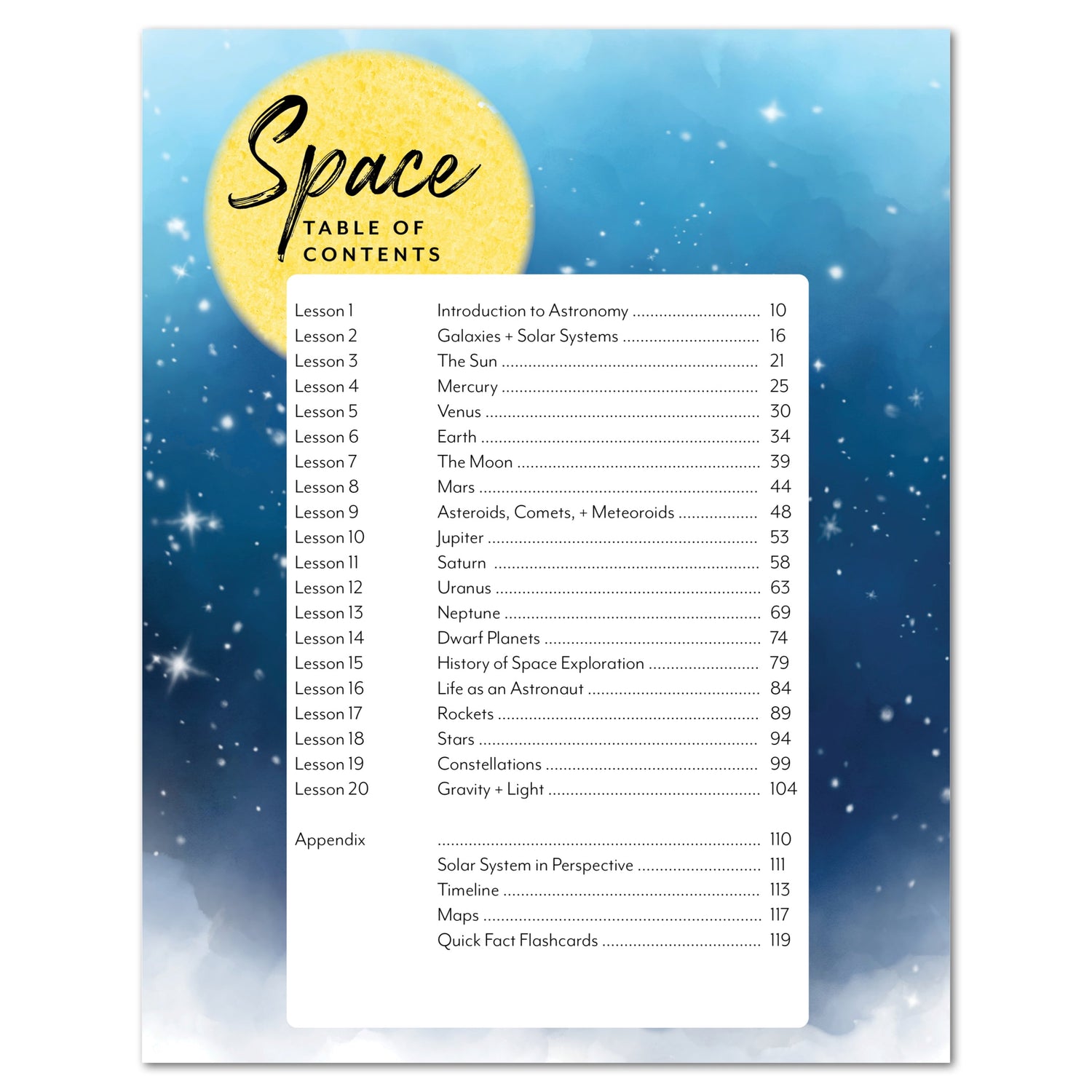 Space homeschool unit study digital Teacher's Guide table of contents