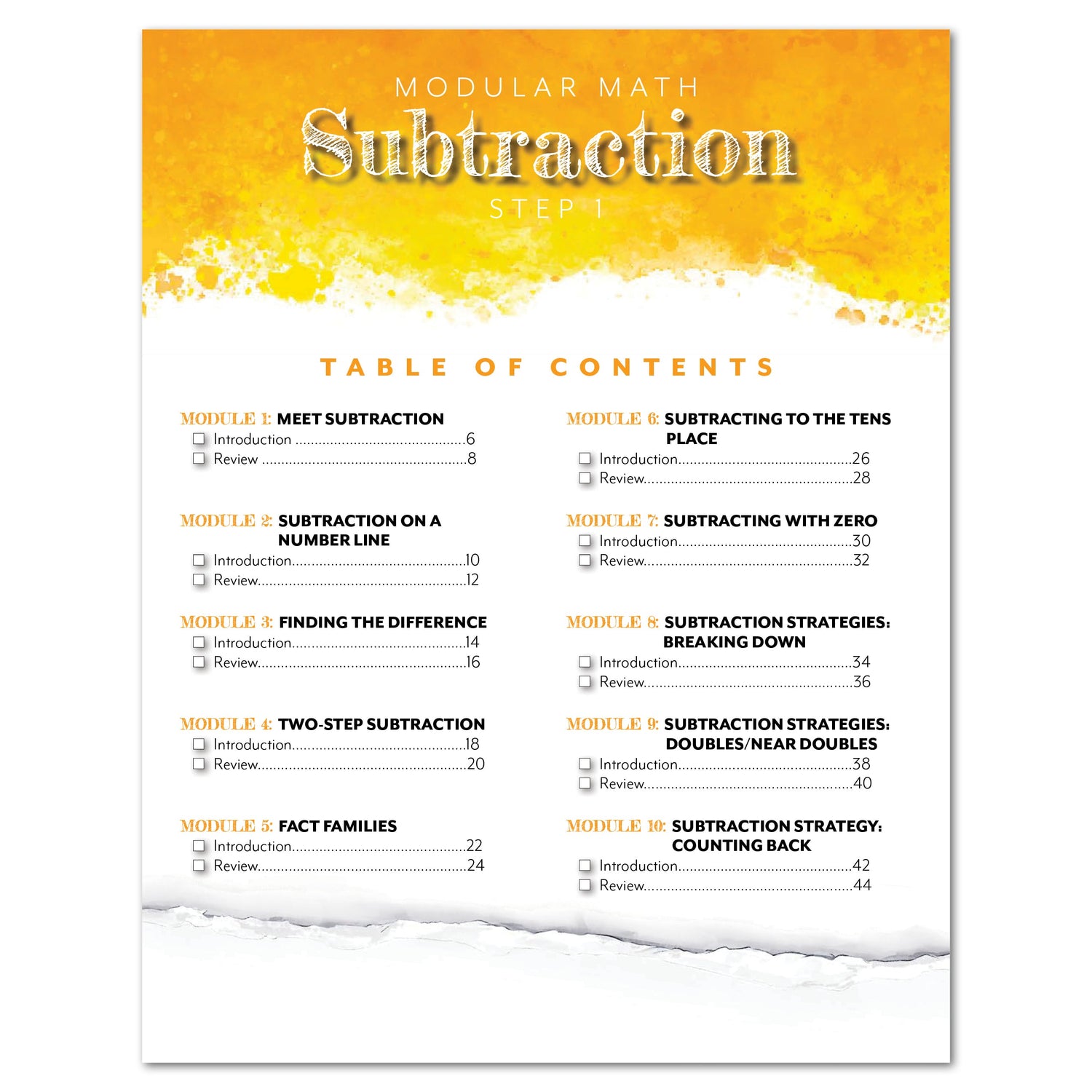 Subtraction Modular Math step 1 printed book table of contents