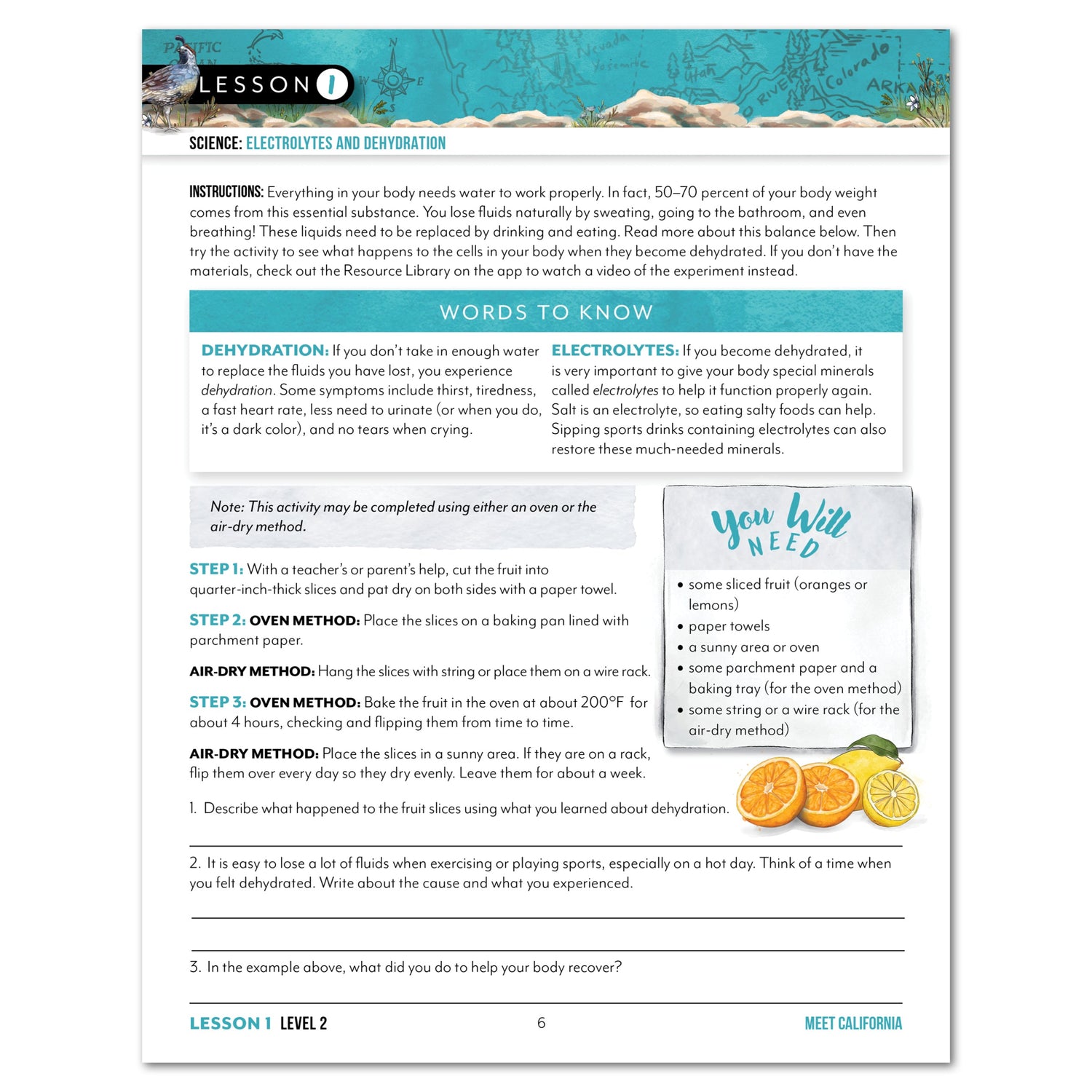 California Fifty States Homeschool Unit Study Digital Student Book Level 2 Lesson 1 Page