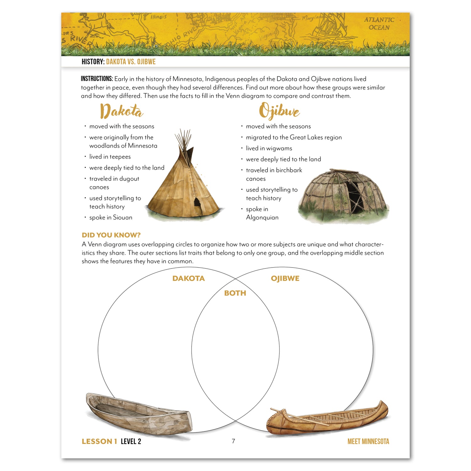 Educational worksheet comparing Dakota and Ojibwe Indigenous peoples of Minnesota, featuring illustrations of tipis and canoes.