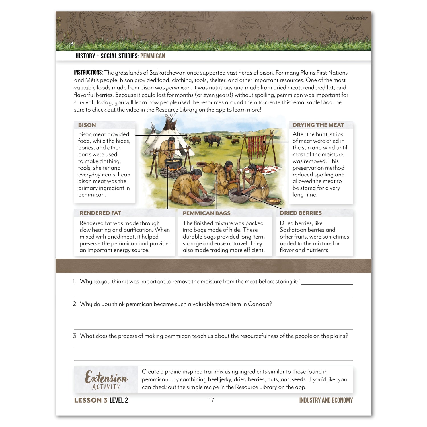An educational worksheet page titled 'History - Social Studies: Pemmican' with a small historical illustration at the top, instructions, labeled diagrams, and a question section at the bottom.