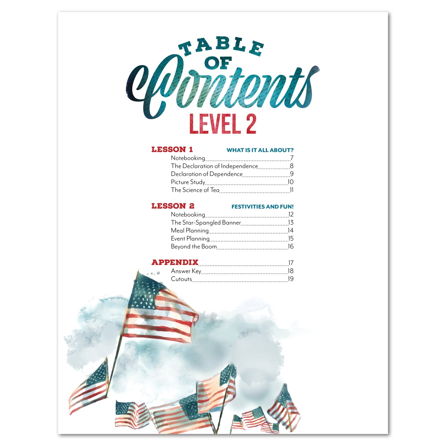 Fourth of July Homeschool Unit Study Digital and Printed Level 2 Student Book Table of Contents
