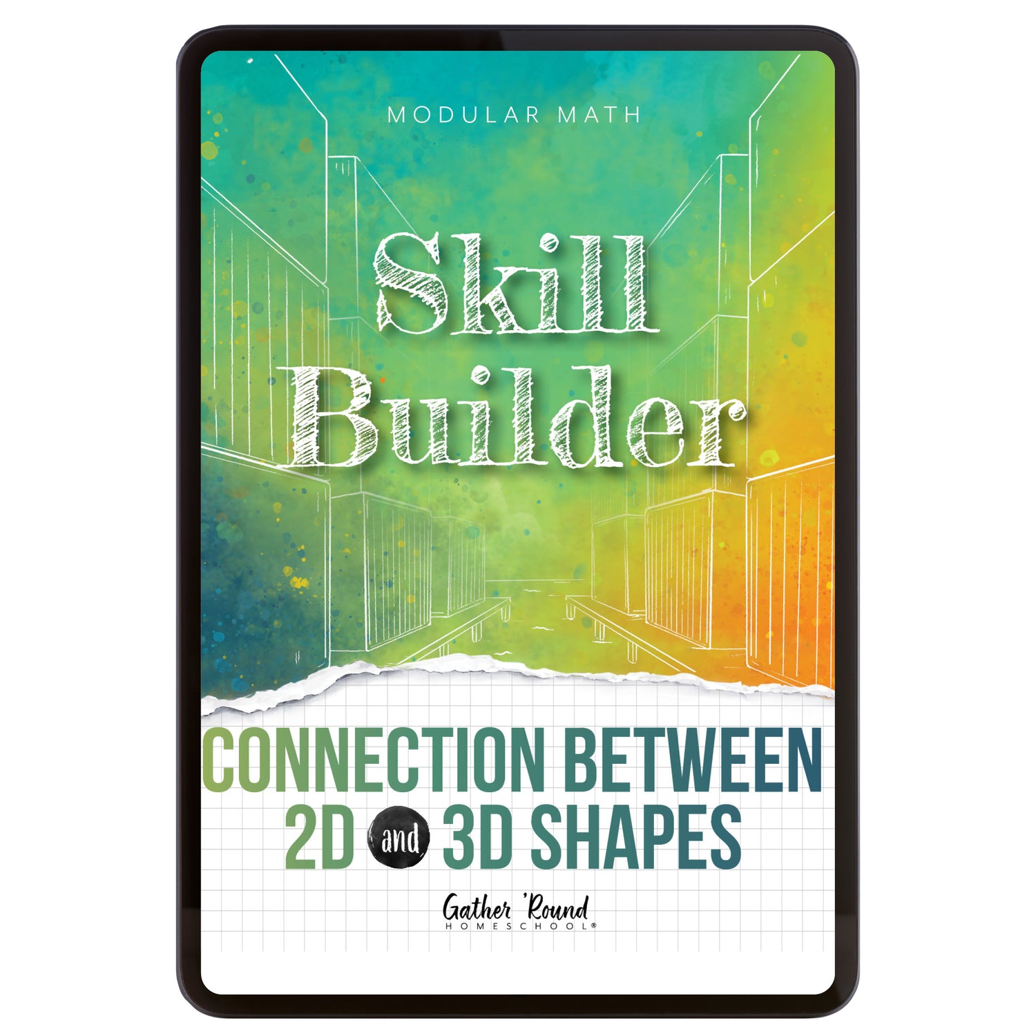 Digital book cover of 'Skill Builder: Connection Between 2D and 3D Shapes' with geometric design and text on a colorful background.