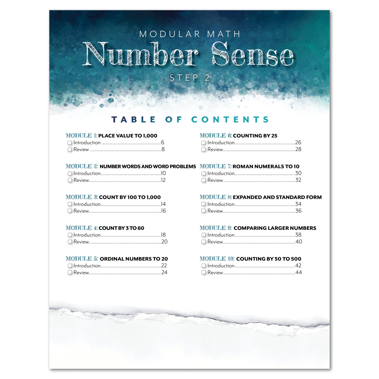 Number Sense Modular Math Step 2 printed book table of contents