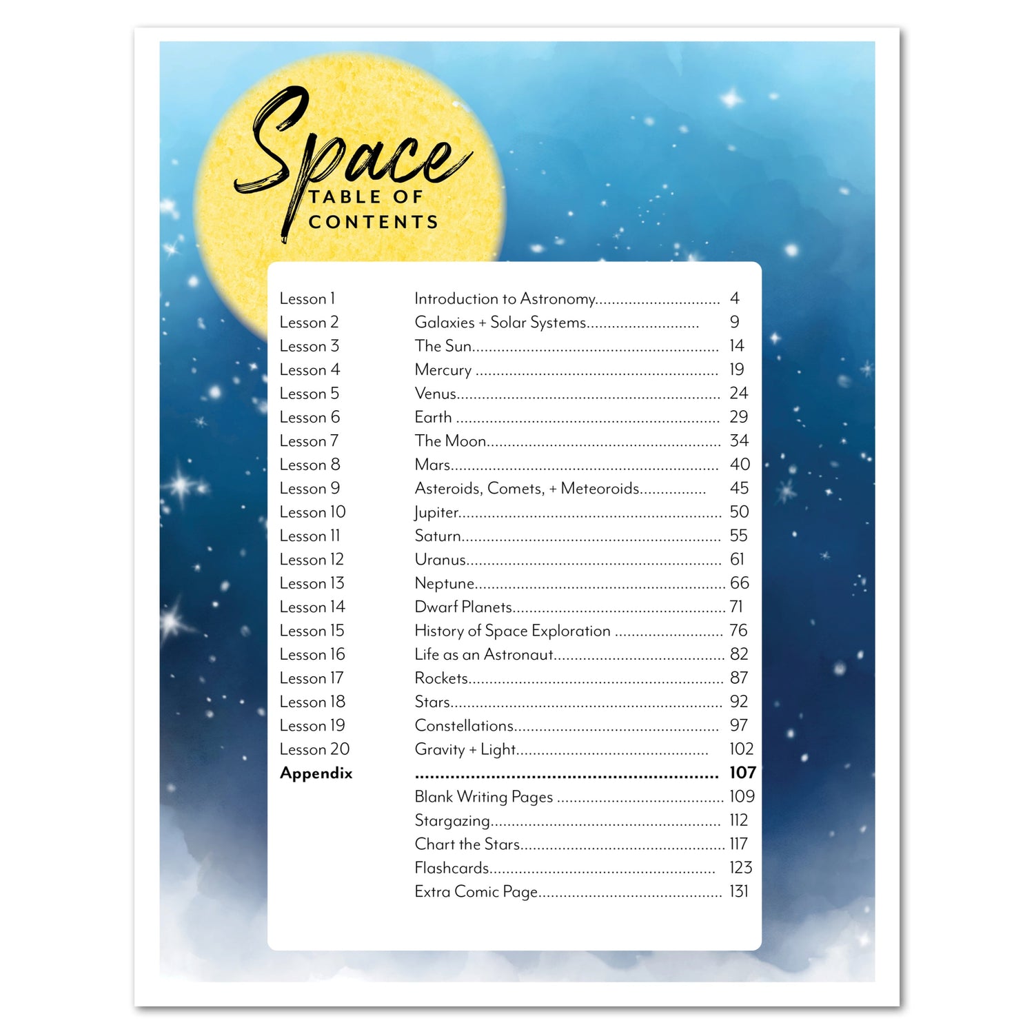 Space homeschool unit study digital student workbook table of contents