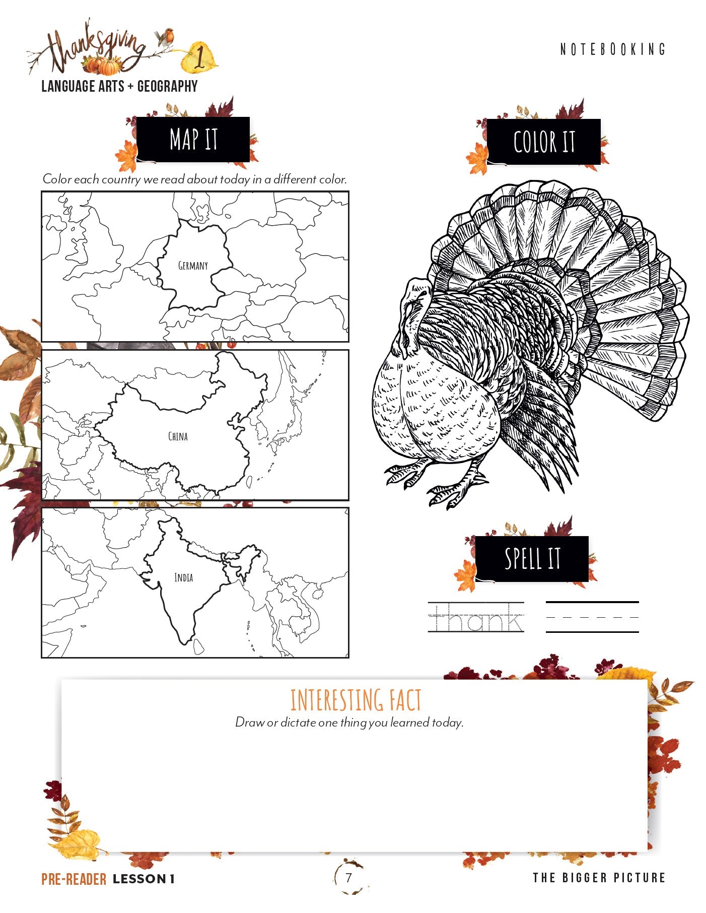 Thanksgiving Homeschool Unit Study Digital Download Pre-Reader Student Book Lesson 1 Notebooking