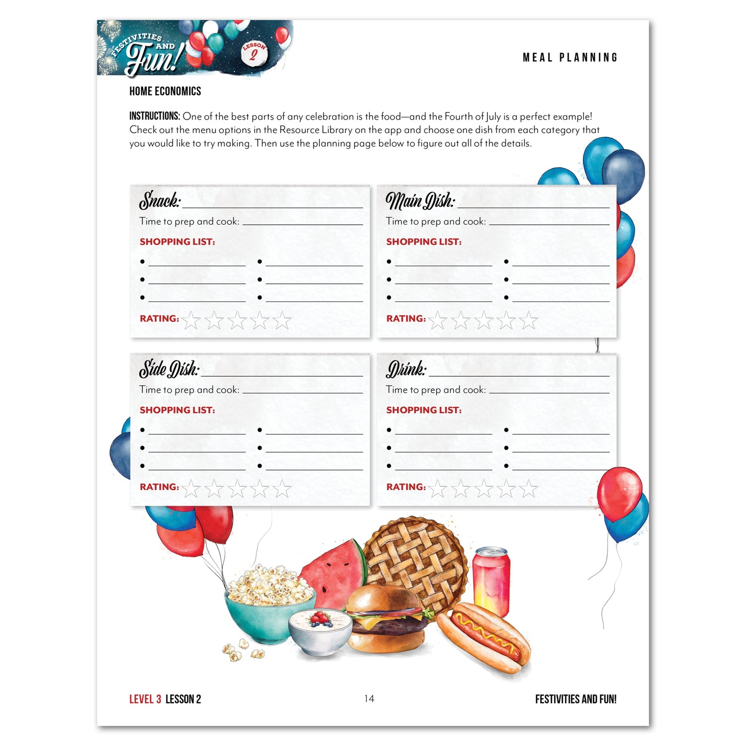 Fourth of July Homeschool Unit Study Digital and Printed Level 3 Student Book Meal Planning