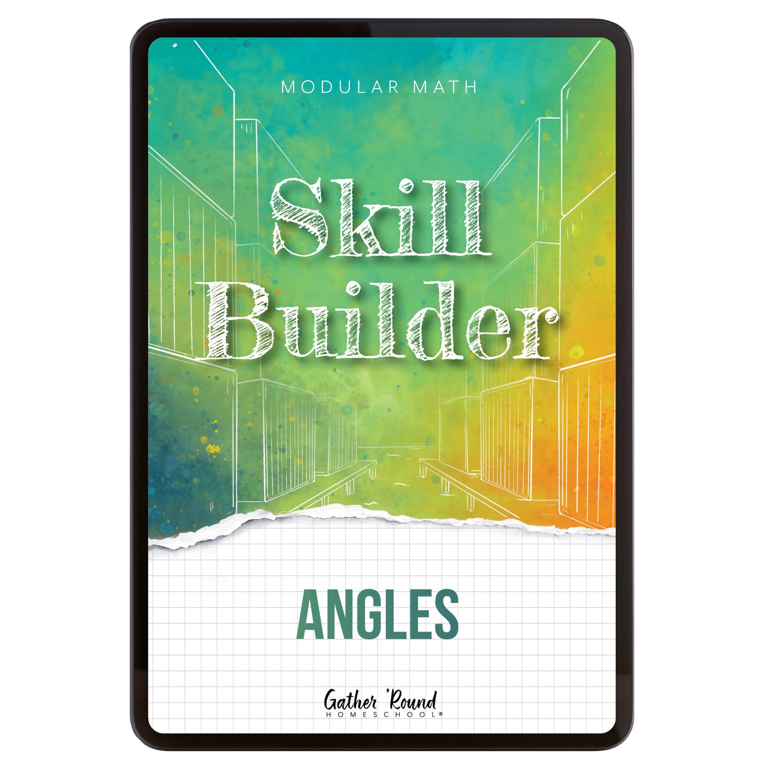 Digital book cover of 'Skill Builder: Angles' with geometric design and text on a colorful background.