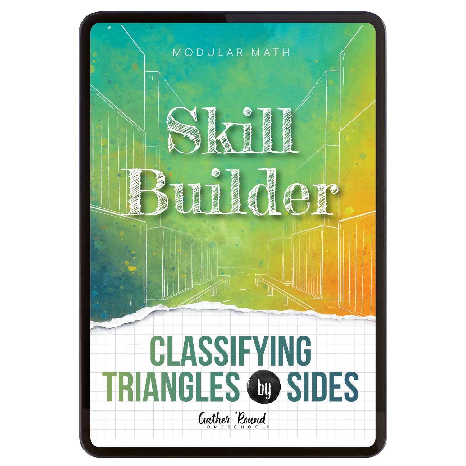 Digital book cover of 'Skill Builder: Classifying Triangles by Sides' with geometric design and text on a colorful background.