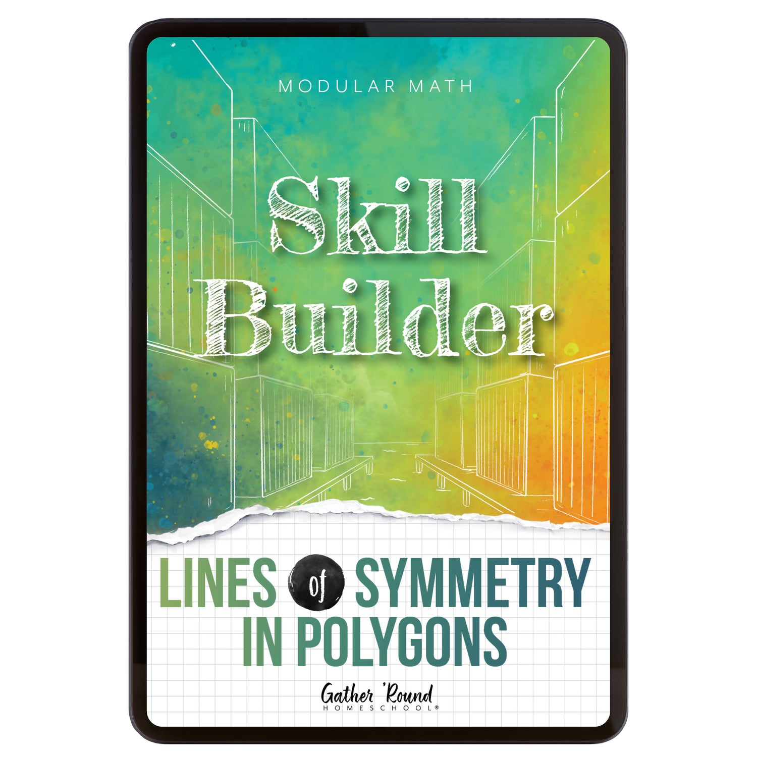 Digital book cover of 'Skill Builder: Lines of Symmetry in Polygons' with geometric design and text on a colorful background.