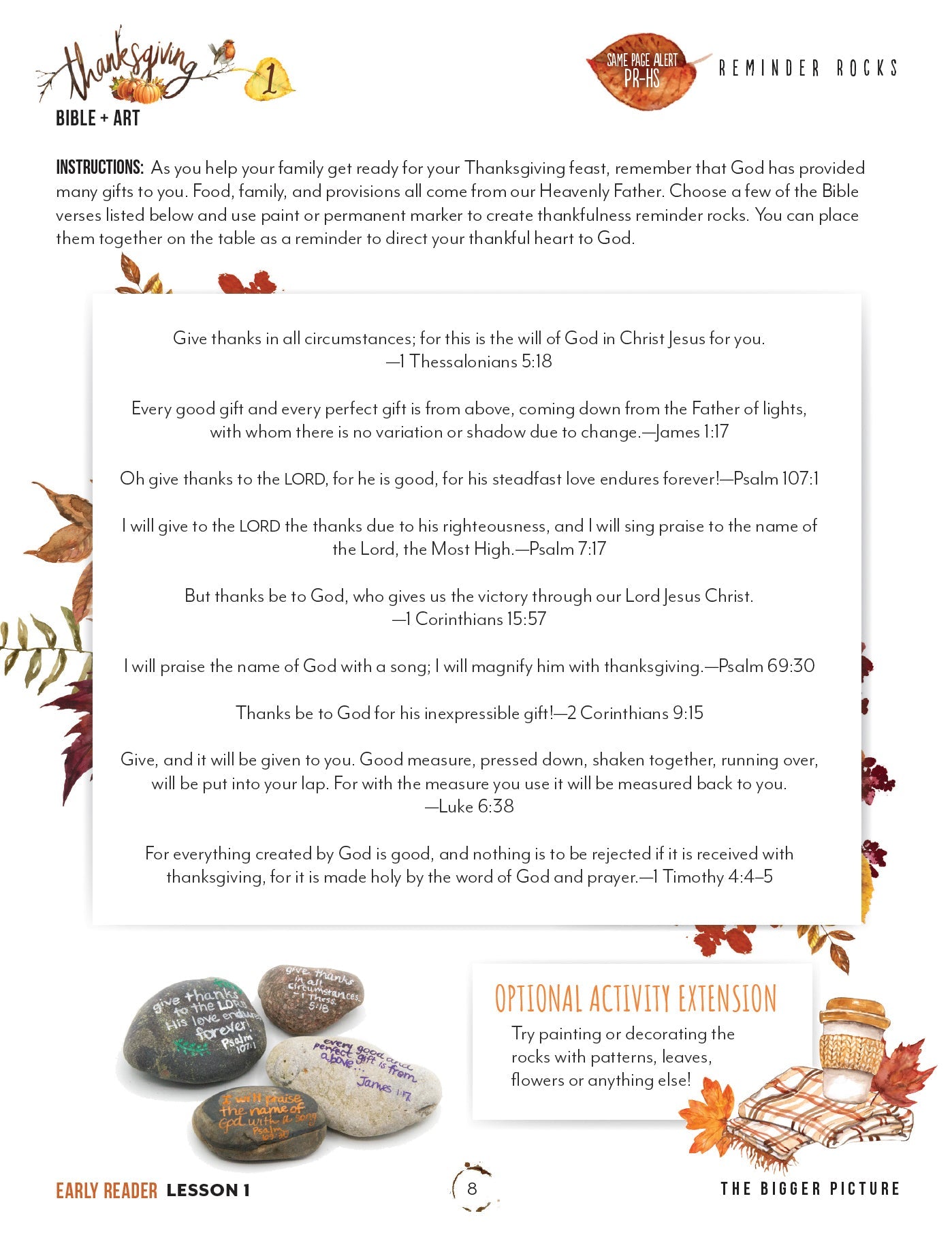 Thanksgiving Homeschool Unit Study Digital Download Early Reader Student Book Lesson 1 Reminder Rocks